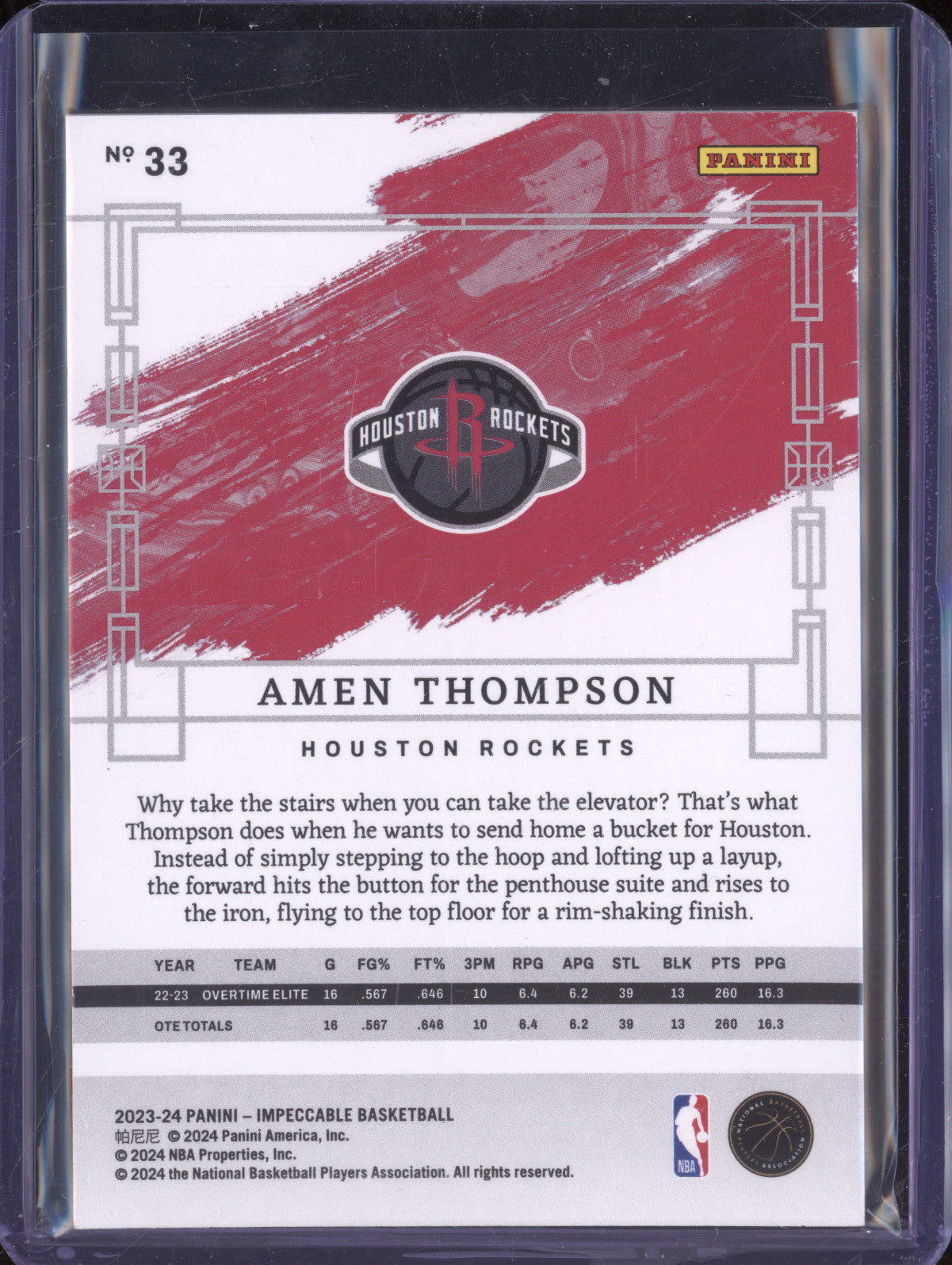 Amen Thompson 2023-24 Panini Impeccable 33 Silver RC 23/75