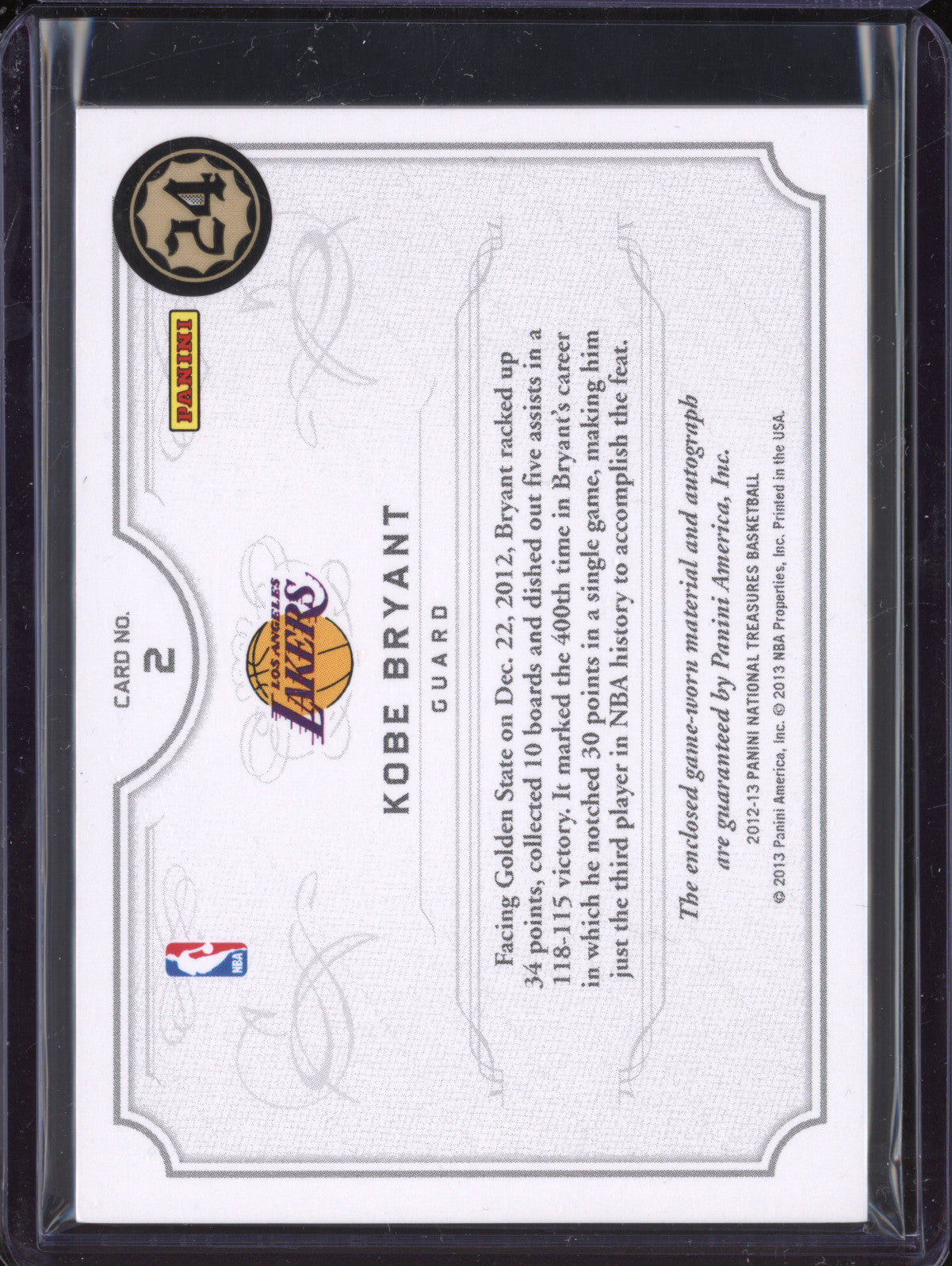 Kobe Bryant 2012-13 Panini National Treasures 2 NBA Gear Trios Signature 68/99