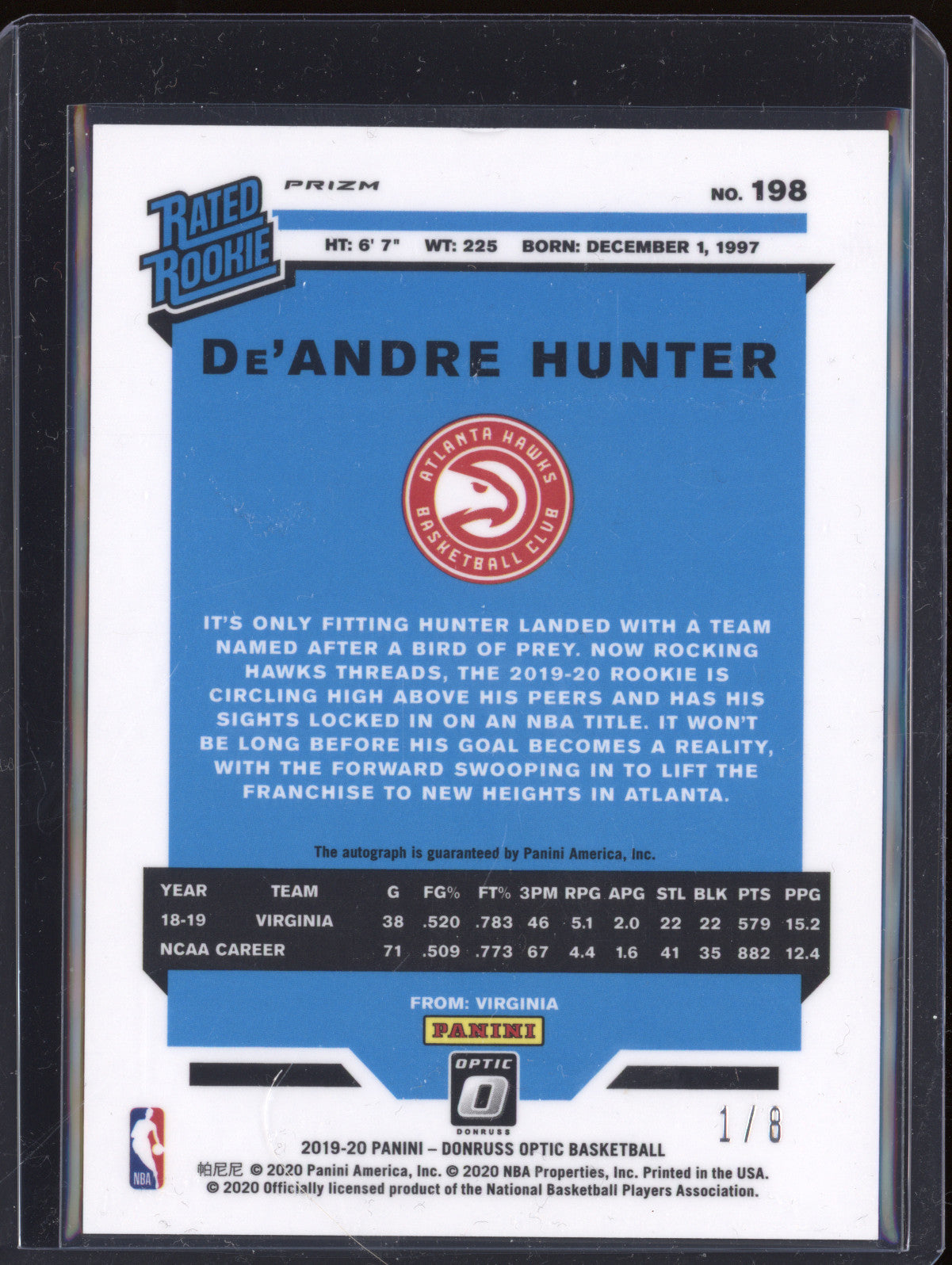 De'Andre Hunter 2019-20 Panini Donruss Optic 198 Rookie Auto Black Gold RC 1/8