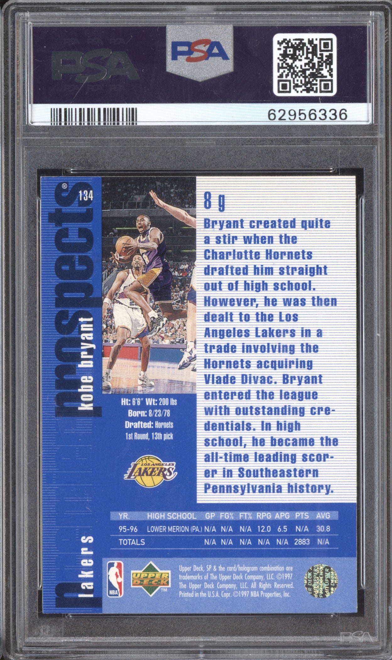 Kobe Bryant 1996-97 SP 134 Premier Prospects RC PSA 6