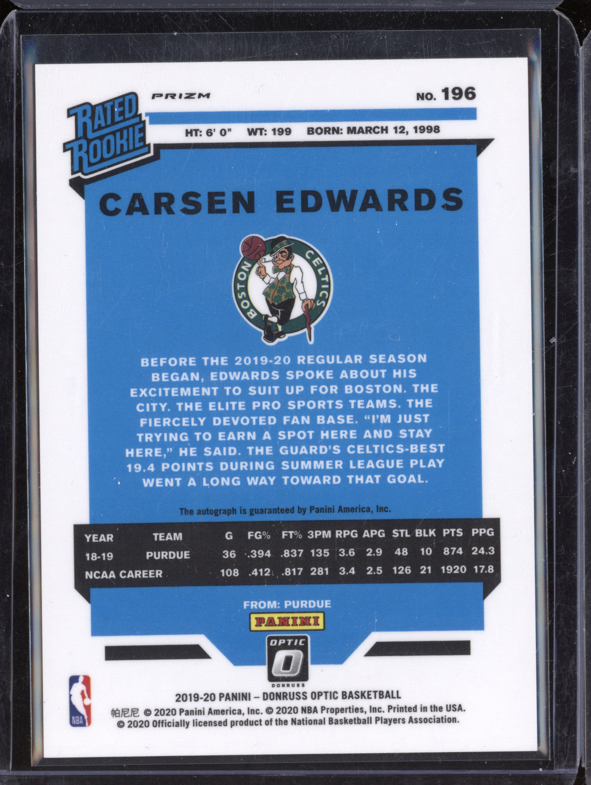 Carsen Edwards 2019-20 Panini Donruss Optic 196 Rated Rookie Auto Purple RC
