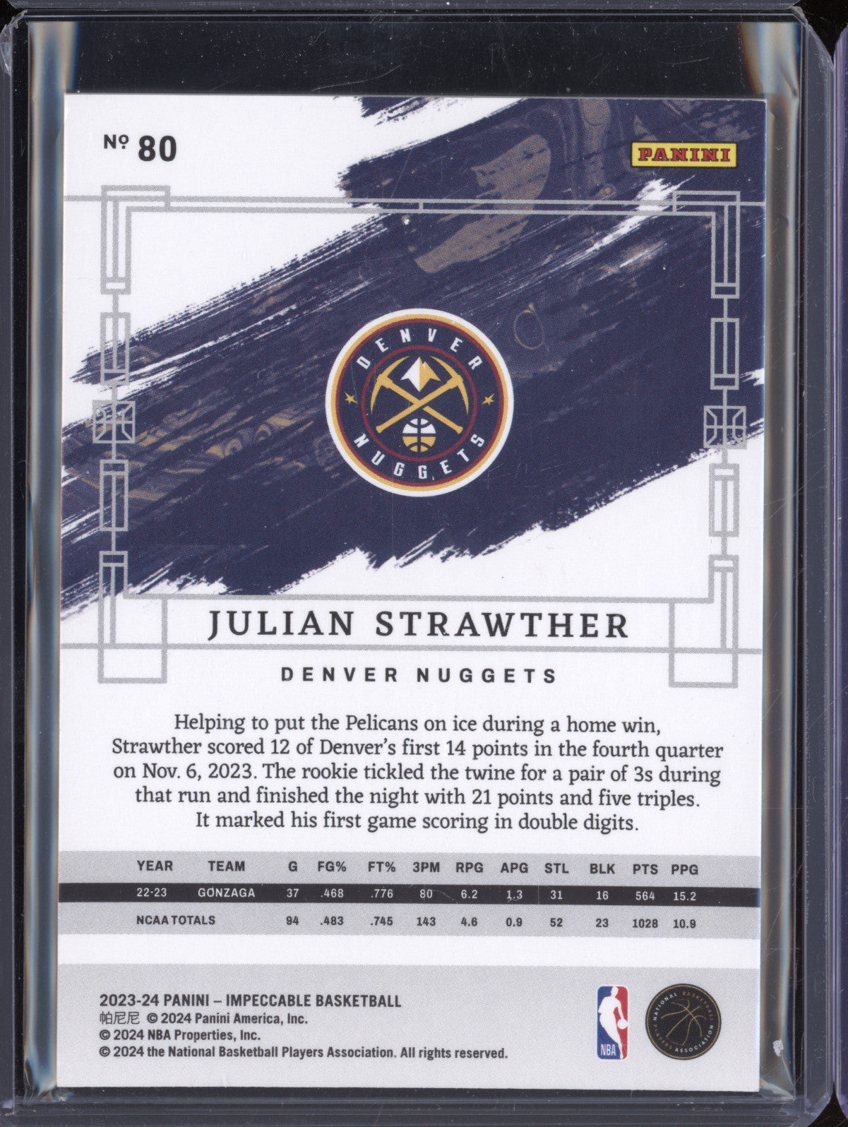 Julian Strawther 2023-24 Panini Impeccable 80 RC 7/99