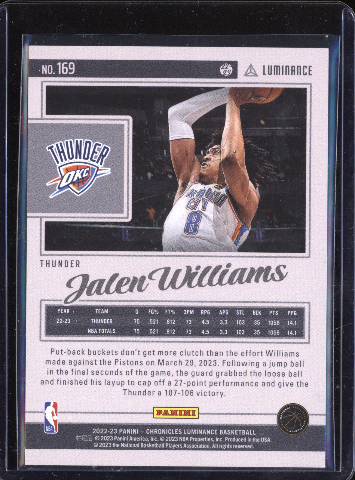 Jalen Williams 2022-23 Panini Chronicles 169 Luminance Asia Jade RC 2/18