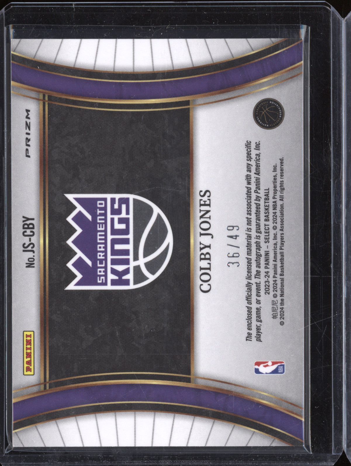 Colby Jones 2023-24 Panini Select JS-CBY Jumbo Rookie Auto Swatches White 36/49