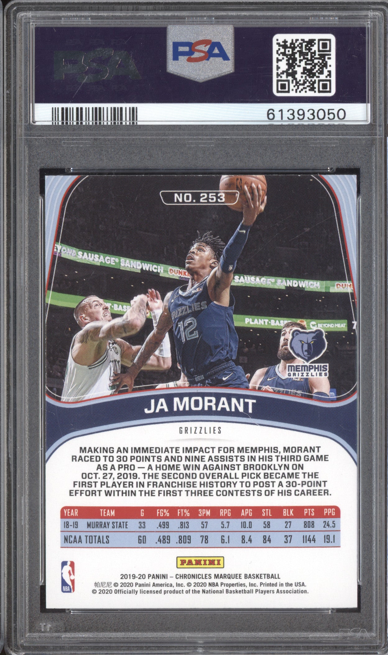 Ja Morant 2019-20 Panini Chronicles 253 Marquee RC PSA 10
