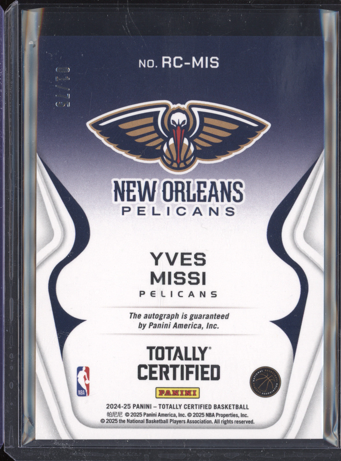 Yves Missi 2024-25 Panini Totally Certified RC-MIS Rookie Roll Call Auto Red /75