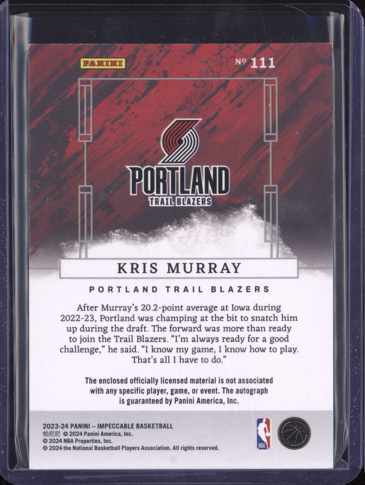 Kris Murray 2023-24 Panini Impeccable 111 Rookie Jersey Auto Int Red RC 6/8