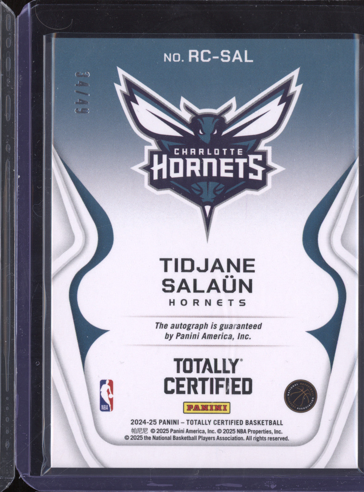 Tidjane Salaun 2024-25 Totally Certified RC-SAL Rookie Roll Call Auto Purp /49