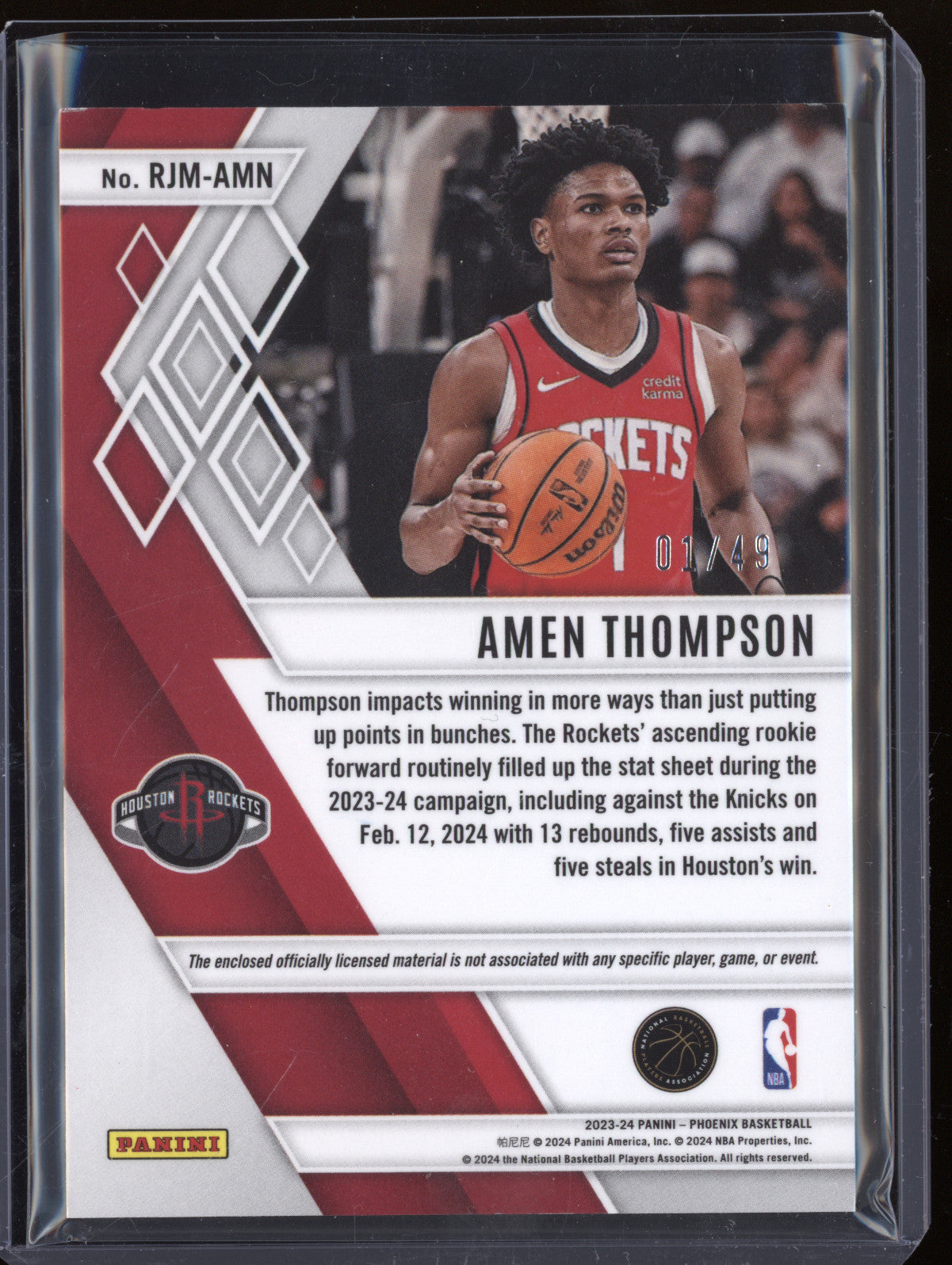 Amen Thompson 2023-24 Panini Phoenix RJM-AMN Rookie Jumbo Mem Yellow RC 1/49