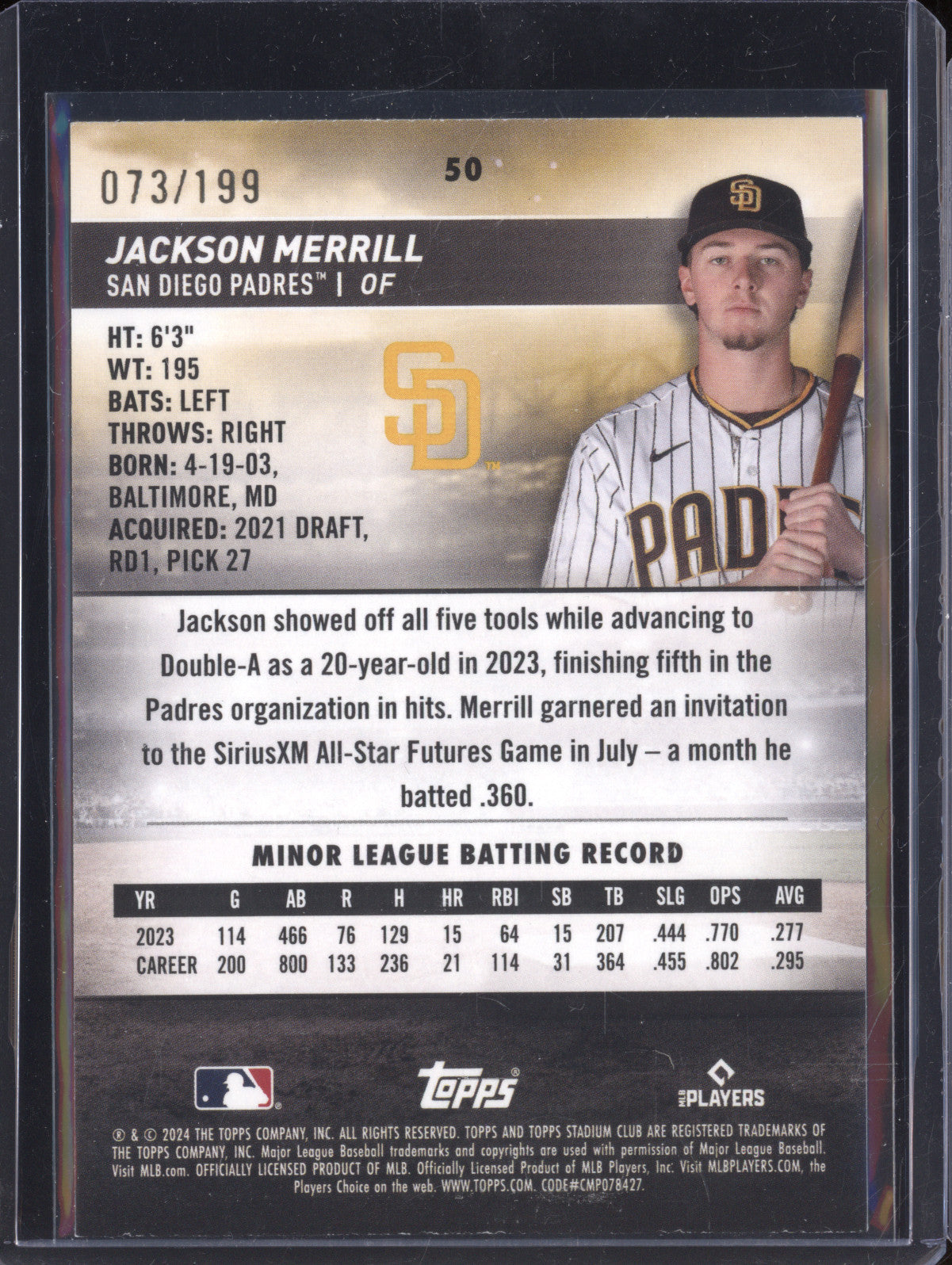 Jackson Merrill 2024 Topps Stadium Club 50 Green Foil RC 73/199