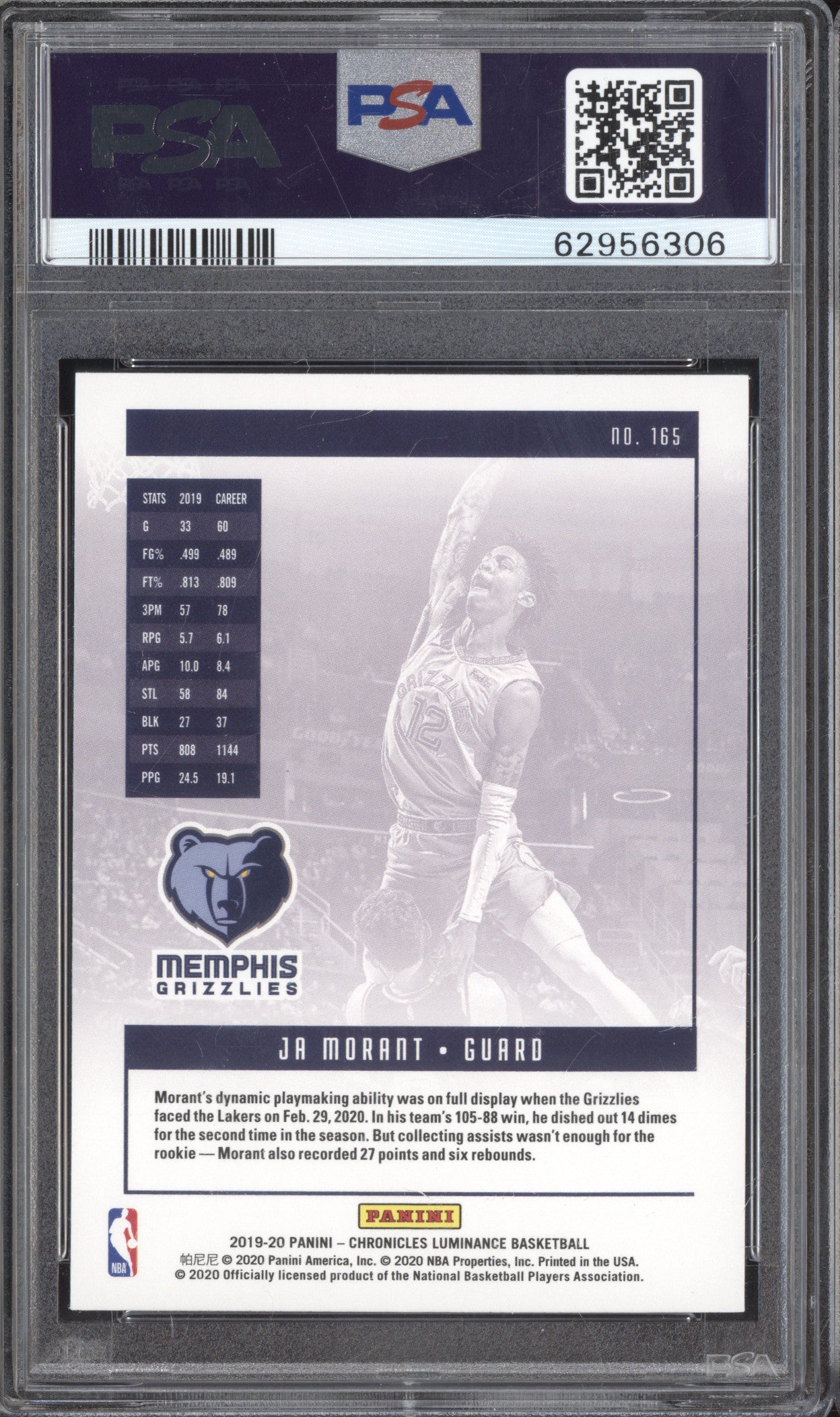 Ja Morant 2019-20 Panini Chronicles 165 Luminance RC PSA 10