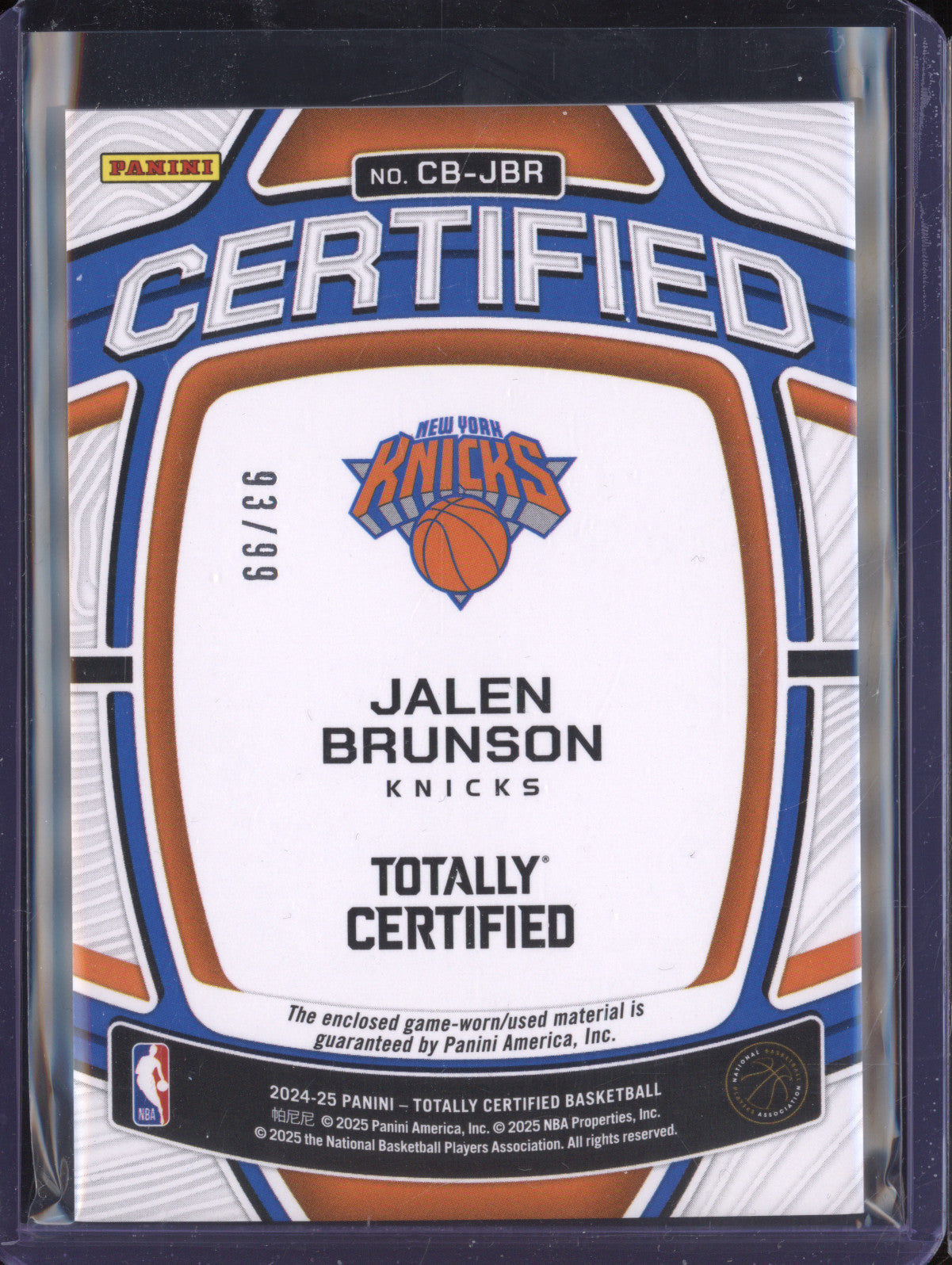 Jalen Brunson 2024-25 Panini Totally Certified CB-JBR Certified Baller 93/99
