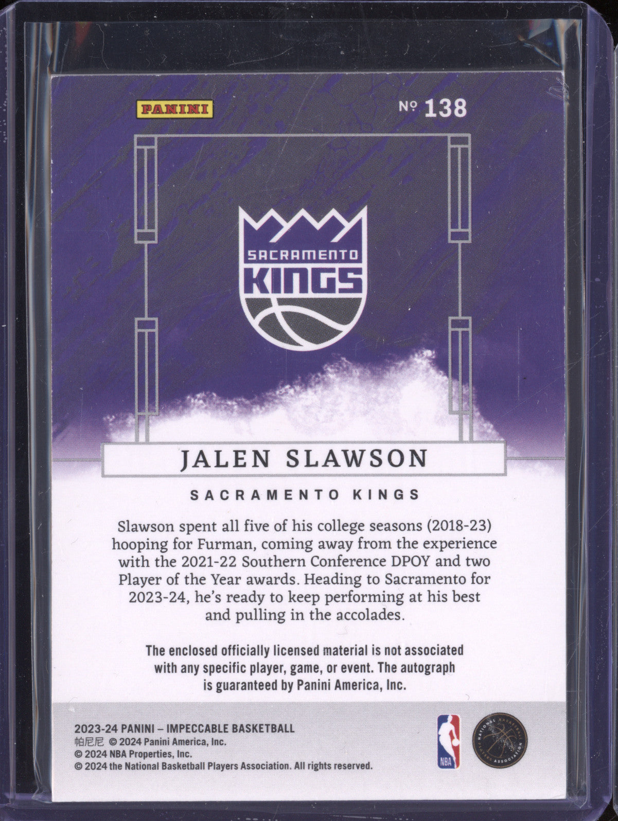 Jalen Slawson 2023-24 Panini Impeccable 138 Rookie Jersey Auto Int RC 77/88