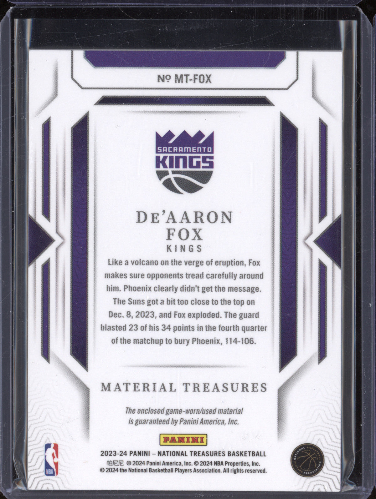 De'Aaron Fox 2023-24 Panini NT MT-FOX Material Treasures International Red 1/3