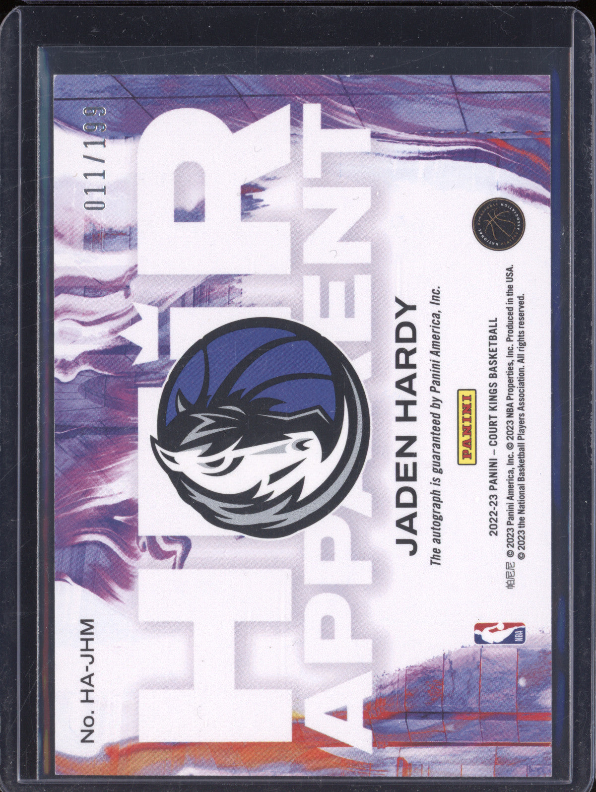 Jaden Hardy 2022-23 Panini Court Kings HA-JHM Heir Apparent Auto RC 11/199