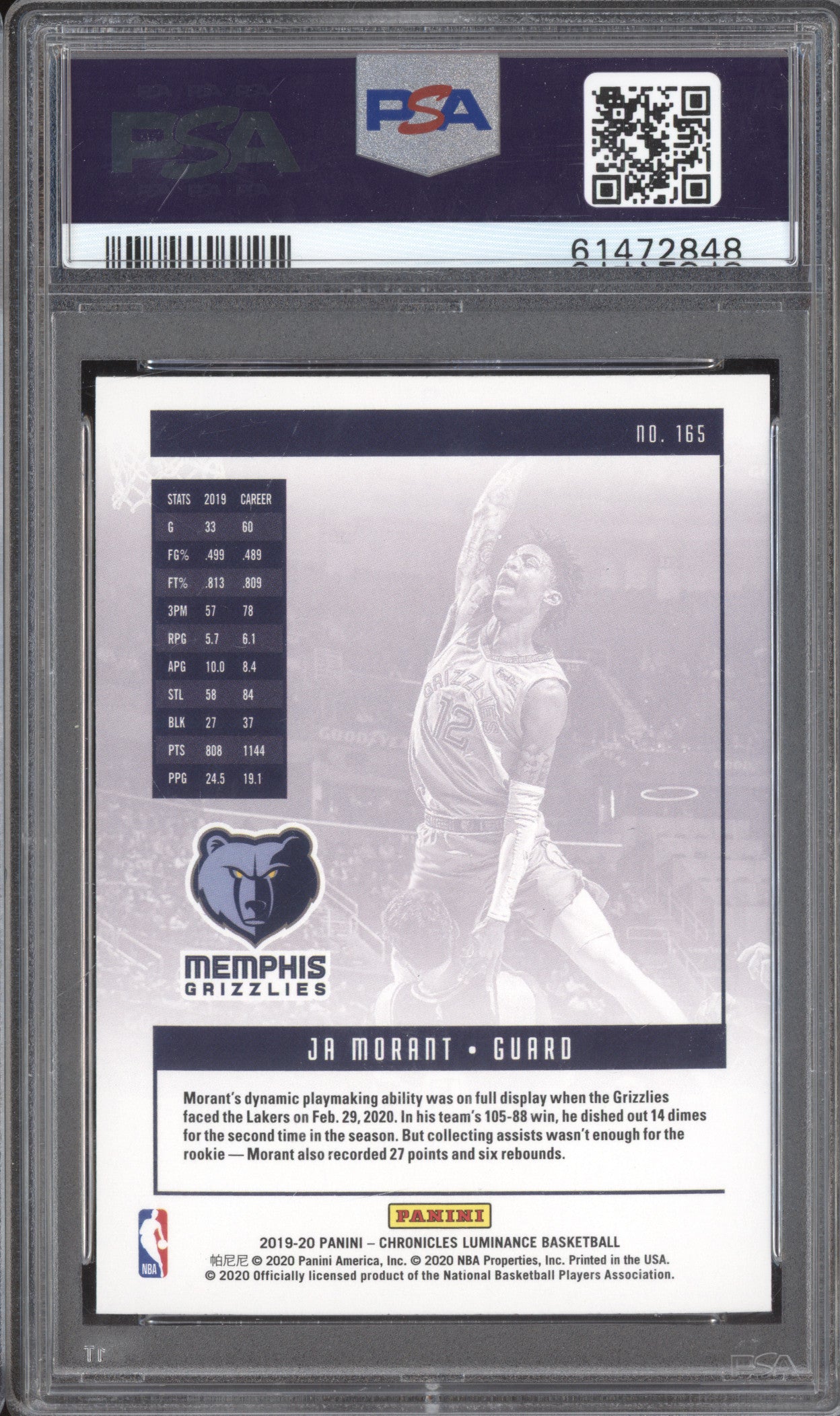 Ja Morant 2019-20 Panini Chronicles 165 Luminance RC PSA 10