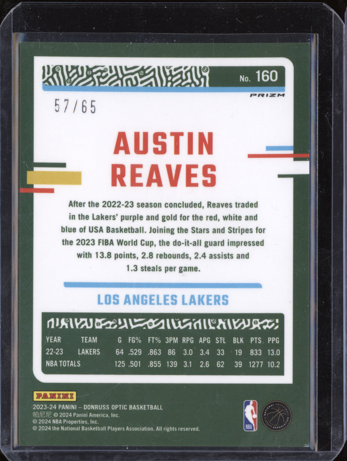Austin Reaves 2023-24 Panini Donruss Optic 160 Green International 57/65