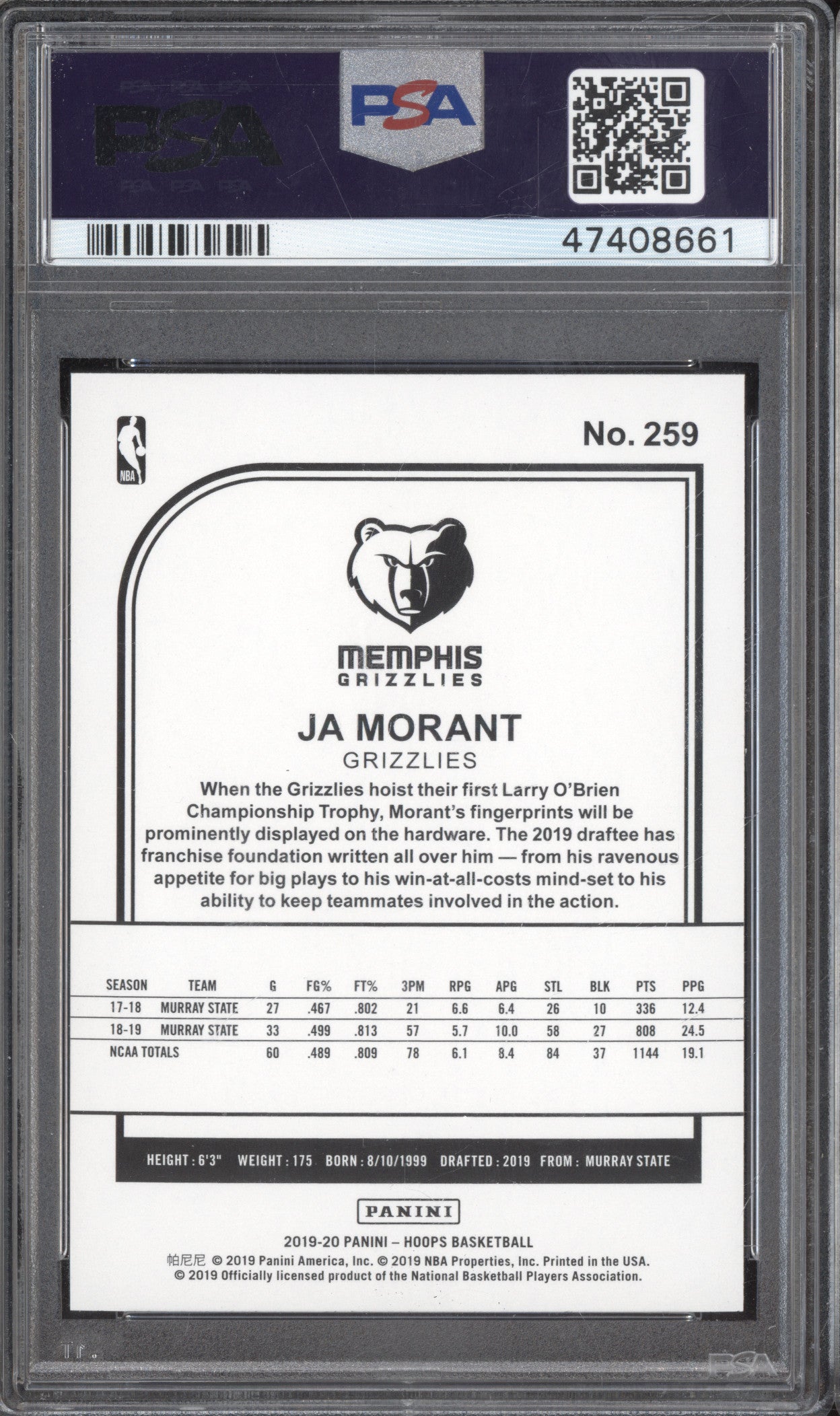 Ja Morant 2019-20 Panini Hoops 259 RC PSA 10