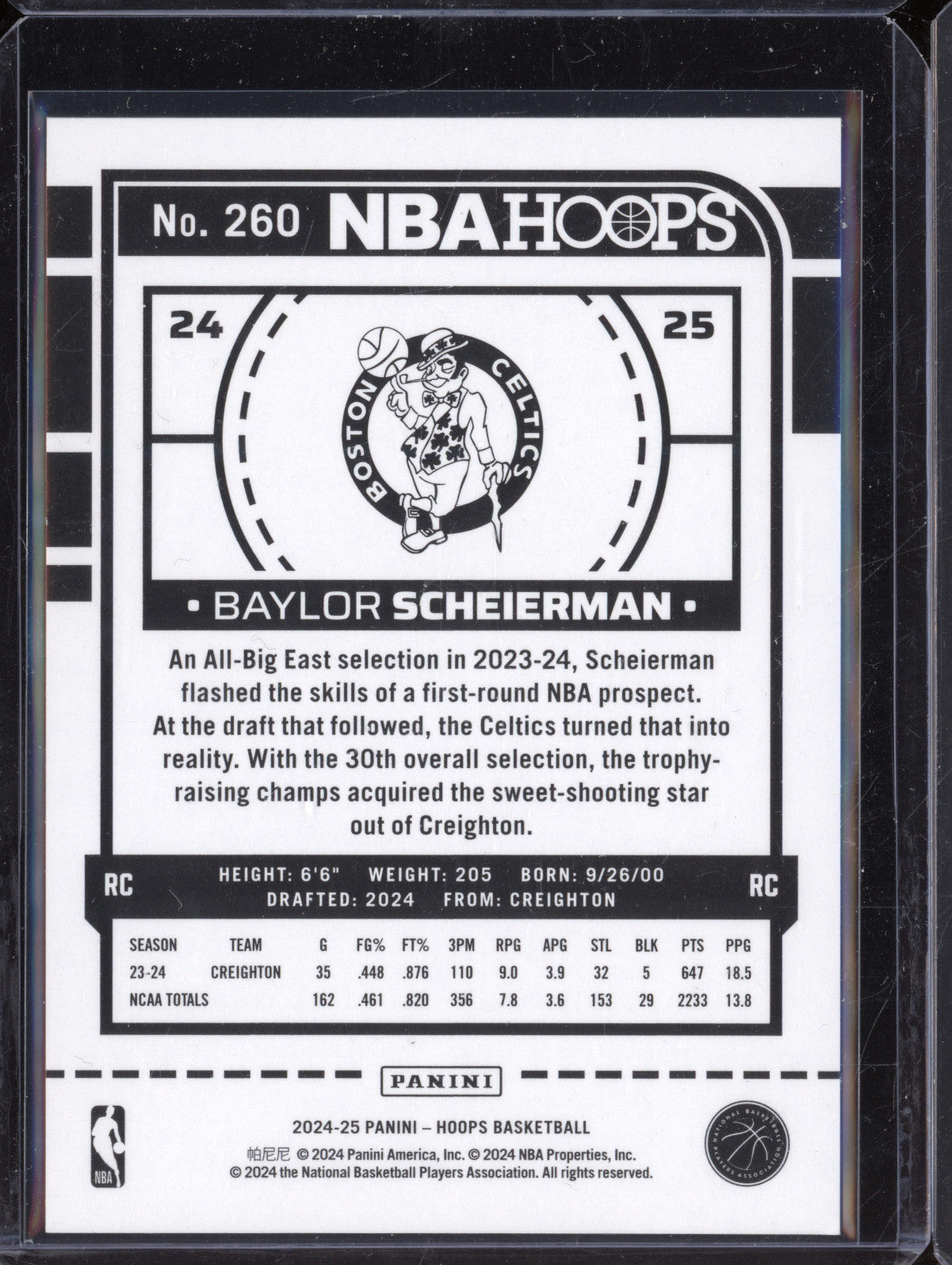 Baylor Scheierman 2024-25 Panini Hoops 260 Premium Box Set RC 101/199
