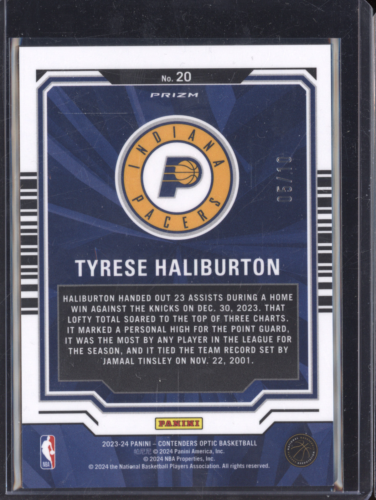 Tyrese Haliburton 2023-24 Panini Hoops 20 Playing the Numbers Gold 5/10