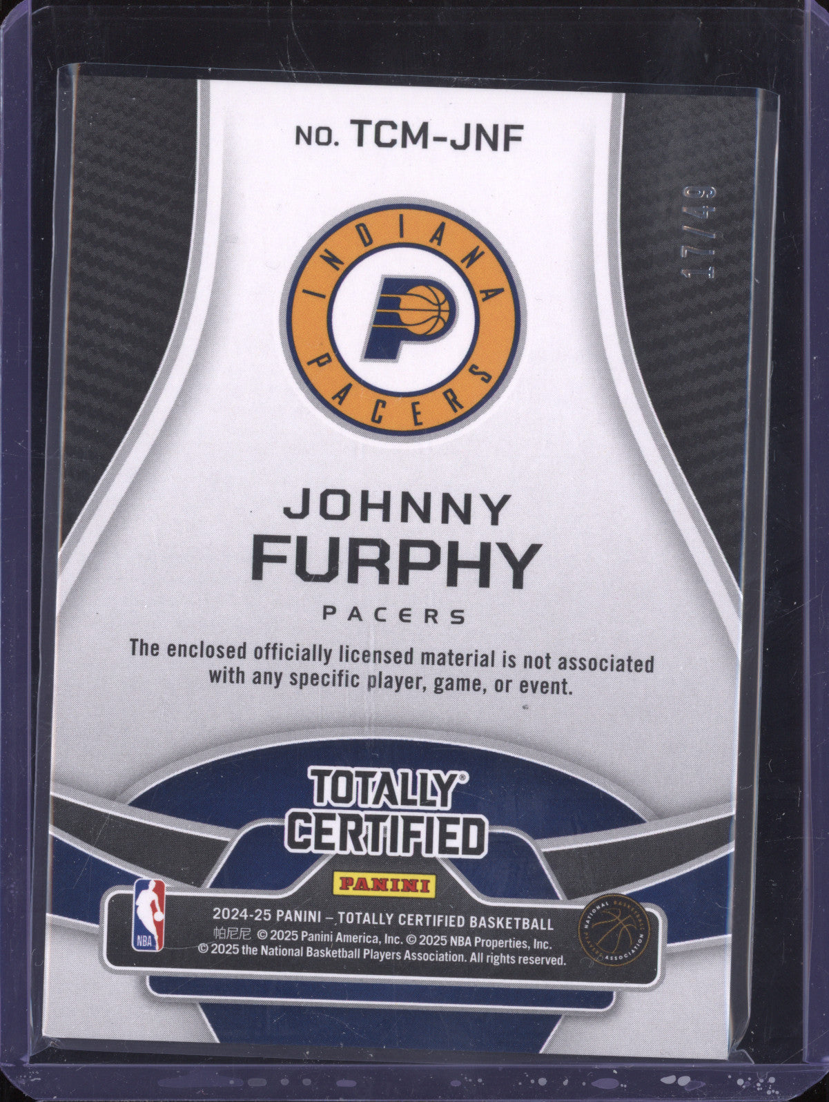 Johnny Furphy 2024-25 Panini Totally Certified TCM-JNF Materials Blue RC /49