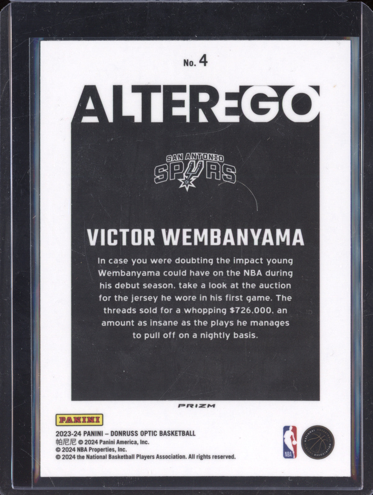 Victor Wembanyama 2023-24 Panini Donruss Optic 4 Alter ego RC