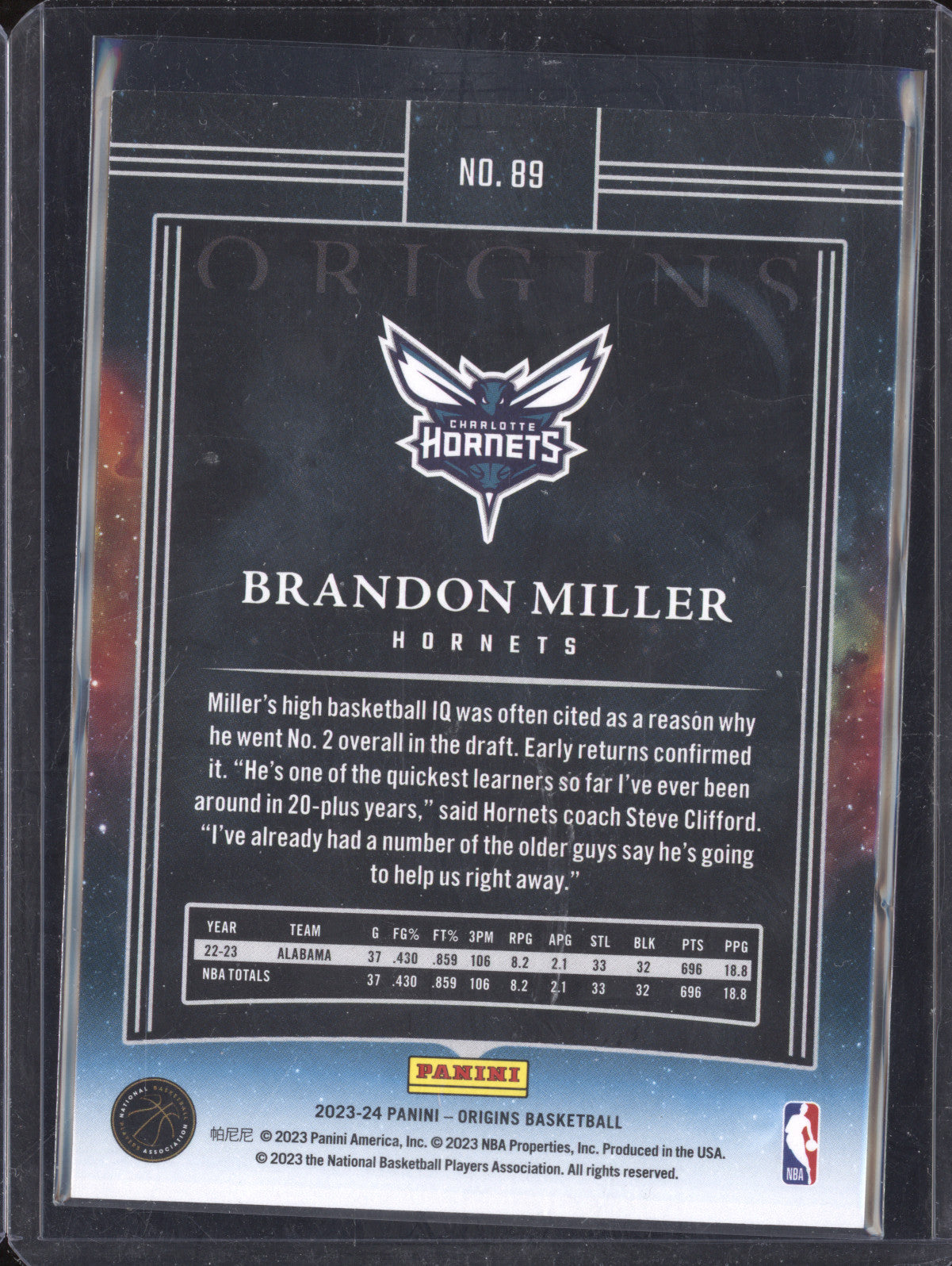 Brandon Miller 2023-24 Panini Origins 89 Orange RC 50/75