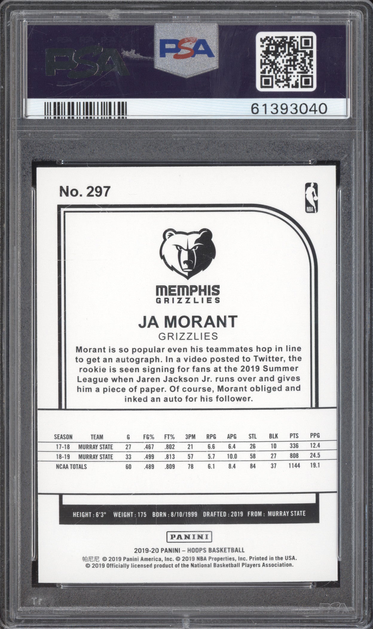 Ja Morant 2019-20 Panini Hoops 297 RC PSA 10