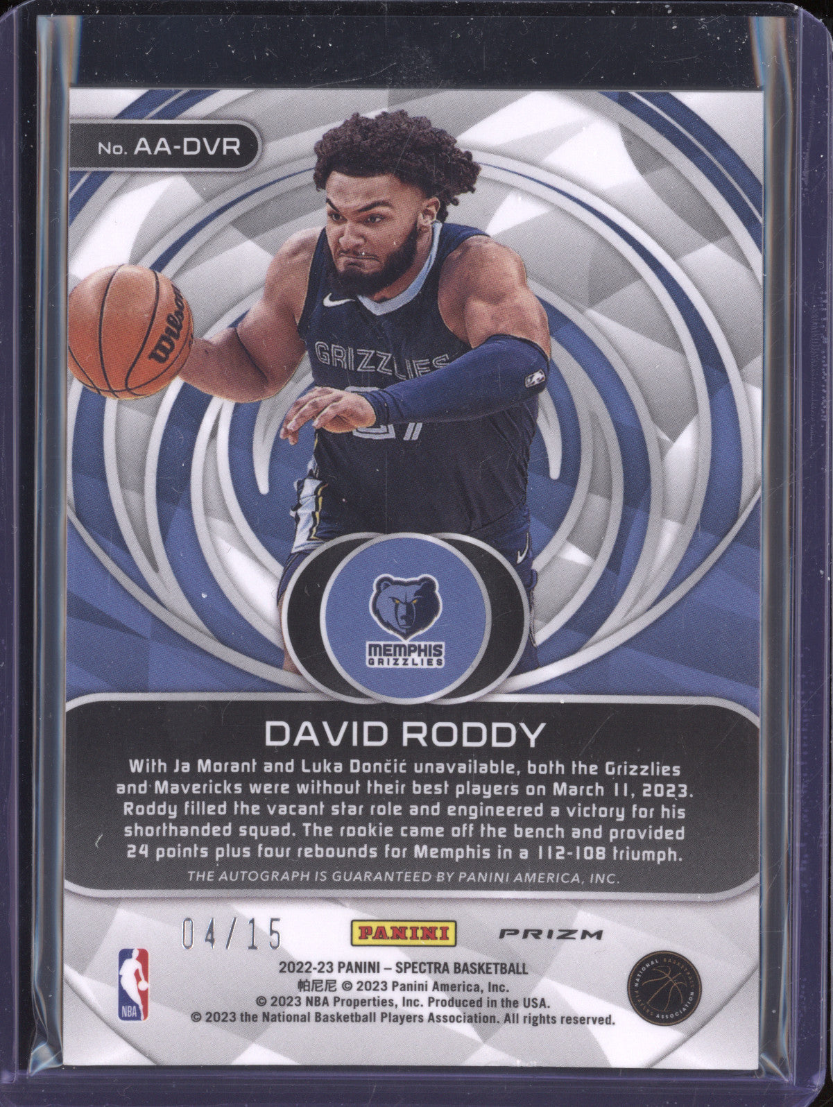 David Roddy 2022-23 Panini Spectra AA-DVR Aspiring Auto Orange RC 4/15
