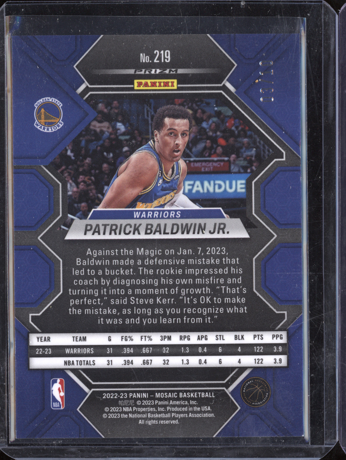 Patrick Baldwin Jr 2022-23 Panini Mosaic 219 Gold Fast Break Mosaic RC 3/10