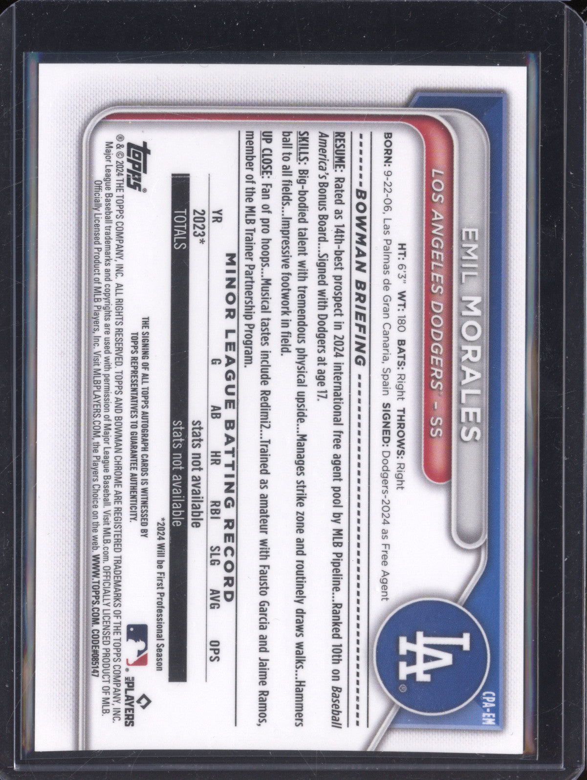 Emil Morales 2024 Bowman Chrome CPA-EM Chrome Prospect Autograph RC