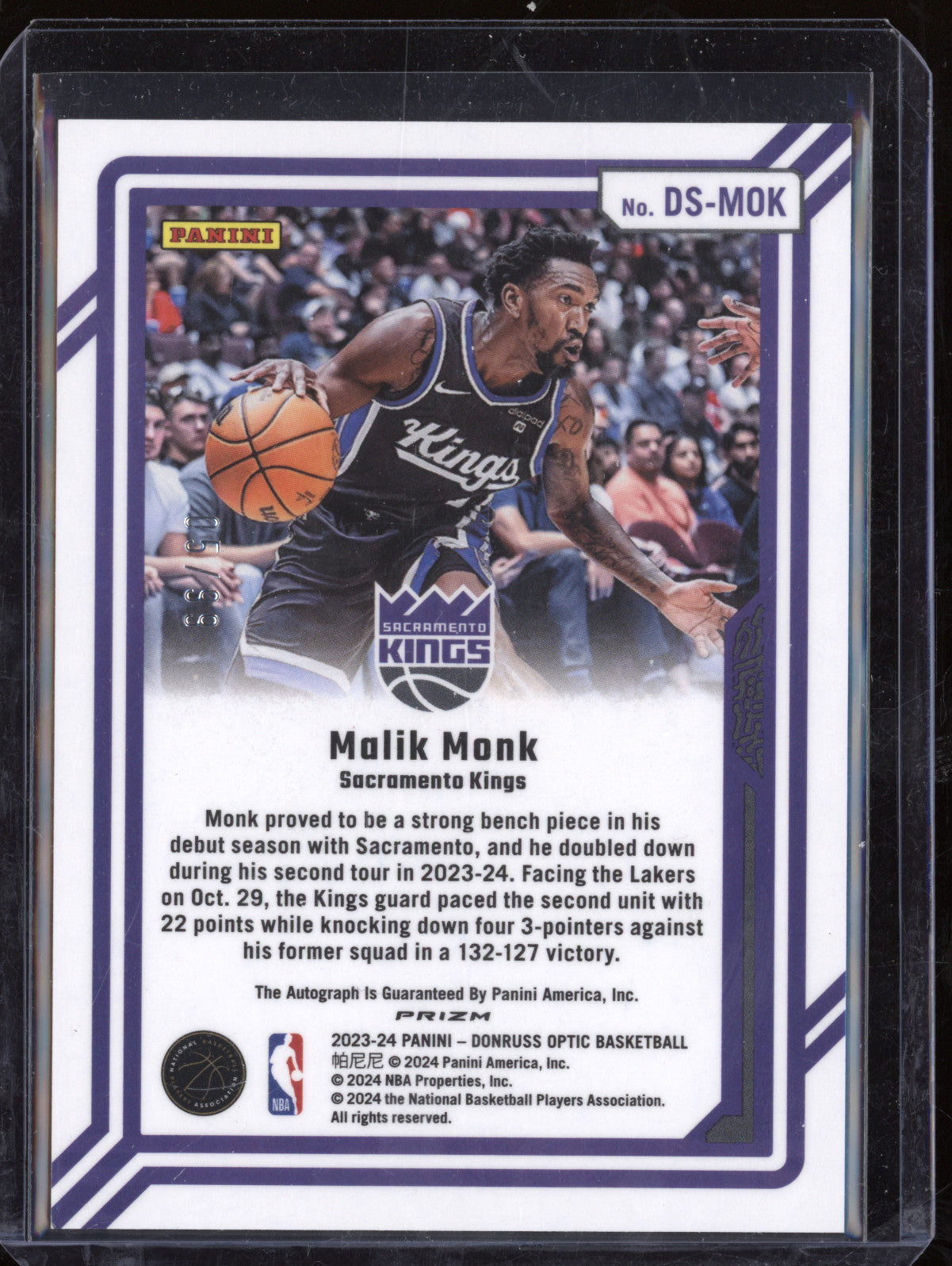 Malik Monk 2023-24 Panini Donruss Optic DS-MOK Dominators Signature 5/99