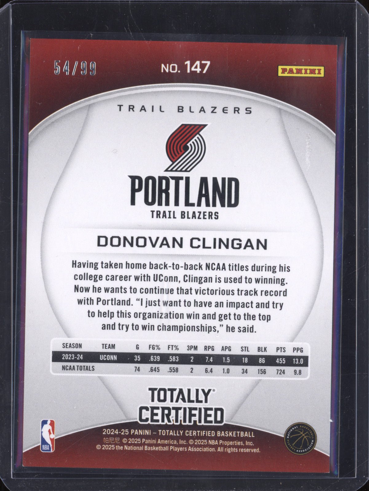 Donovan Clingan 2024-25 Panini Totally Certified 147 Blue RC 54/99