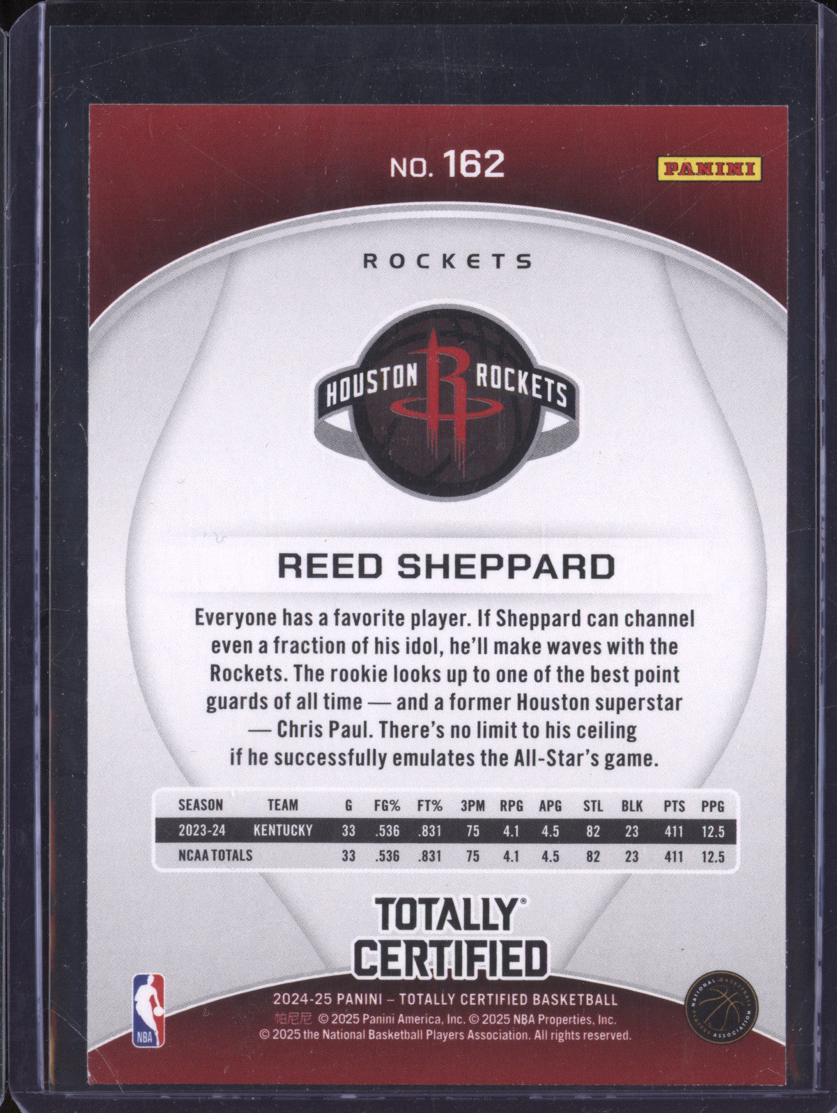 Reed Sheppard 2024-25 Panini Totally Certified 162 Mirror RC