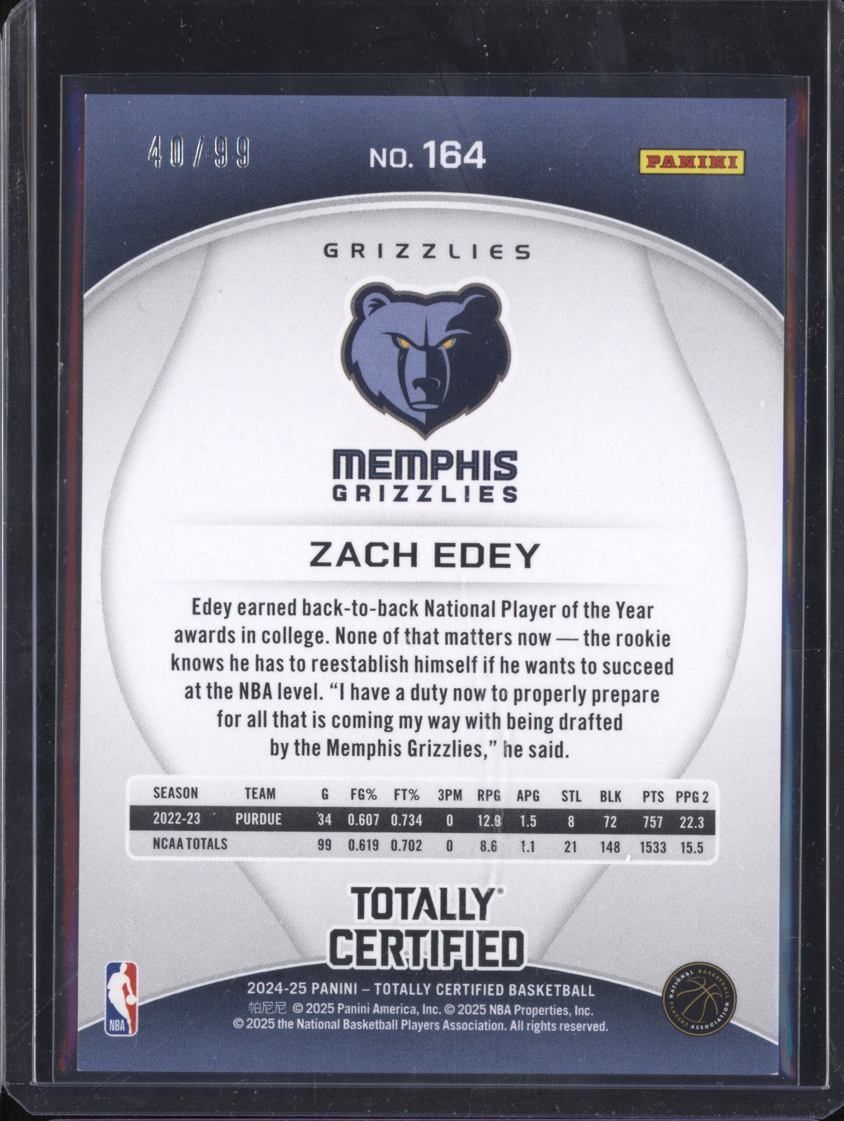 Zach Edey 2024-25 Panini Totally Certified 164 Blue RC 40/99