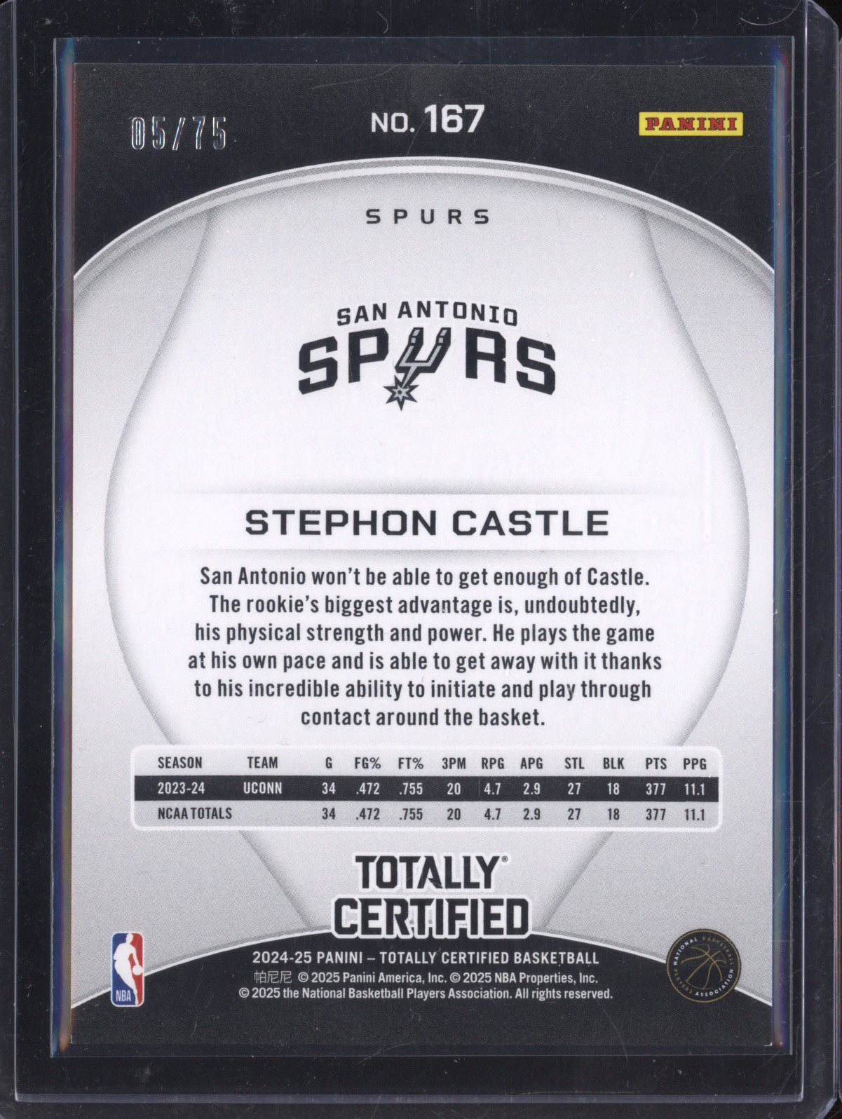 Stephon Castle 2024-25 Panini Totally Certified 167 Orange Jersey Number RC 5/75