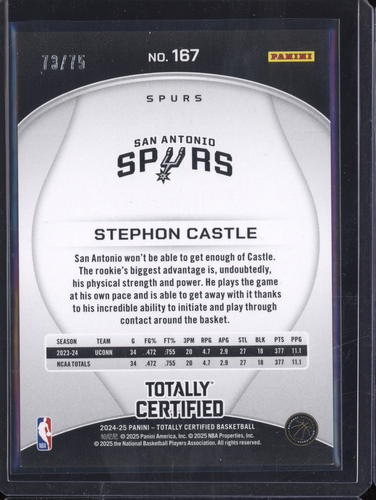 Stephon Castle 2024-25 Panini Totally Certified 167 Orange RC 73/75