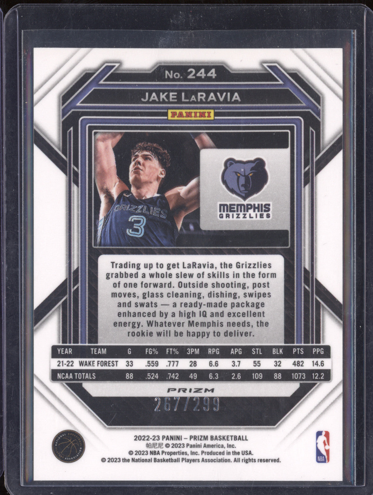 Jake LaRavia 2022-23 Panini Prizm 244 Red RC 267/299