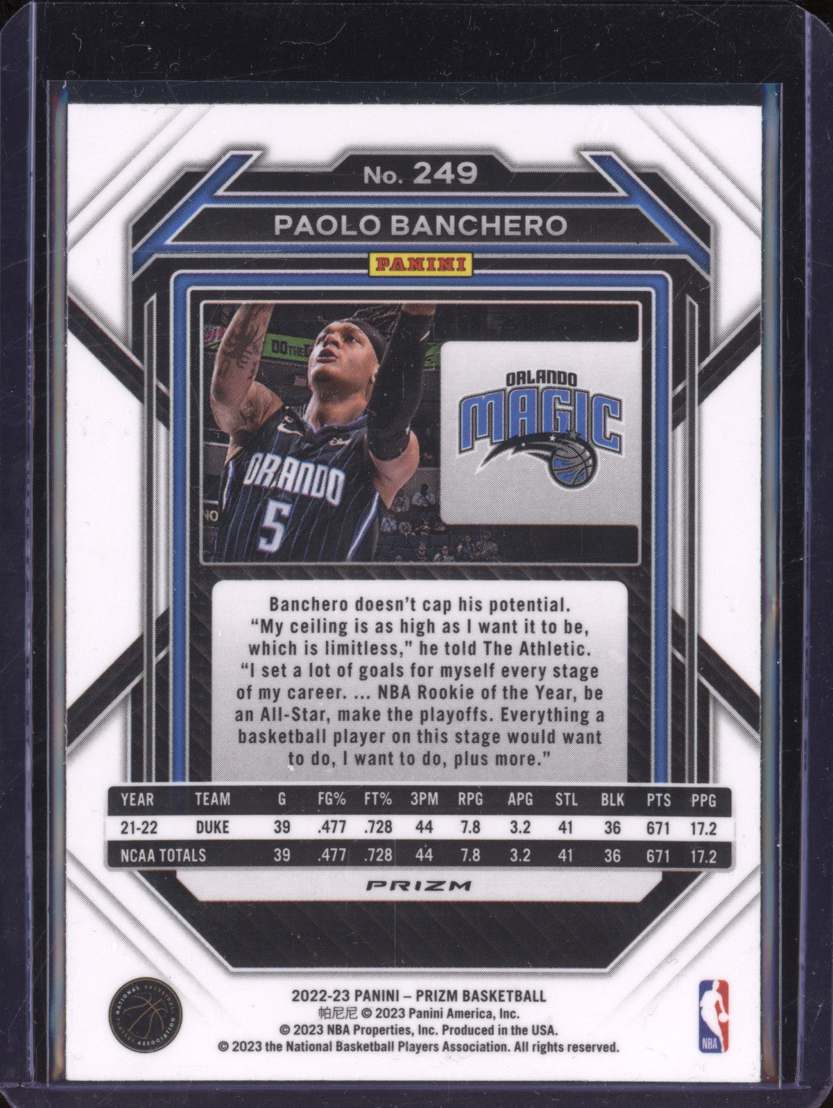 Paolo Banchero 2022-23 Panini Prizm 249 Cracked Ice RC