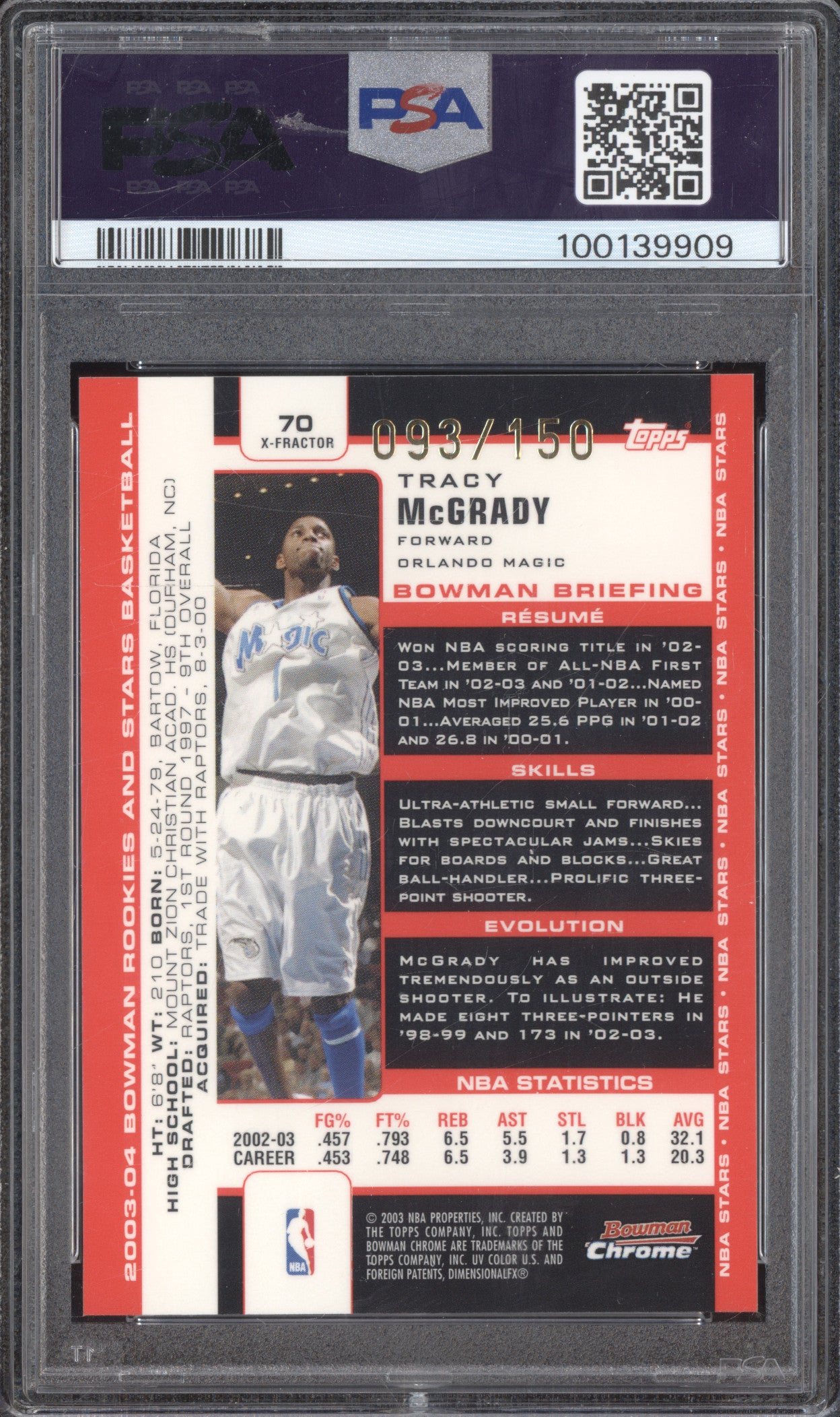 Tracy McGrady 2003-04 Bowman Chrome R & S 70 Chrome X-Fractor 93/150 PSA 9