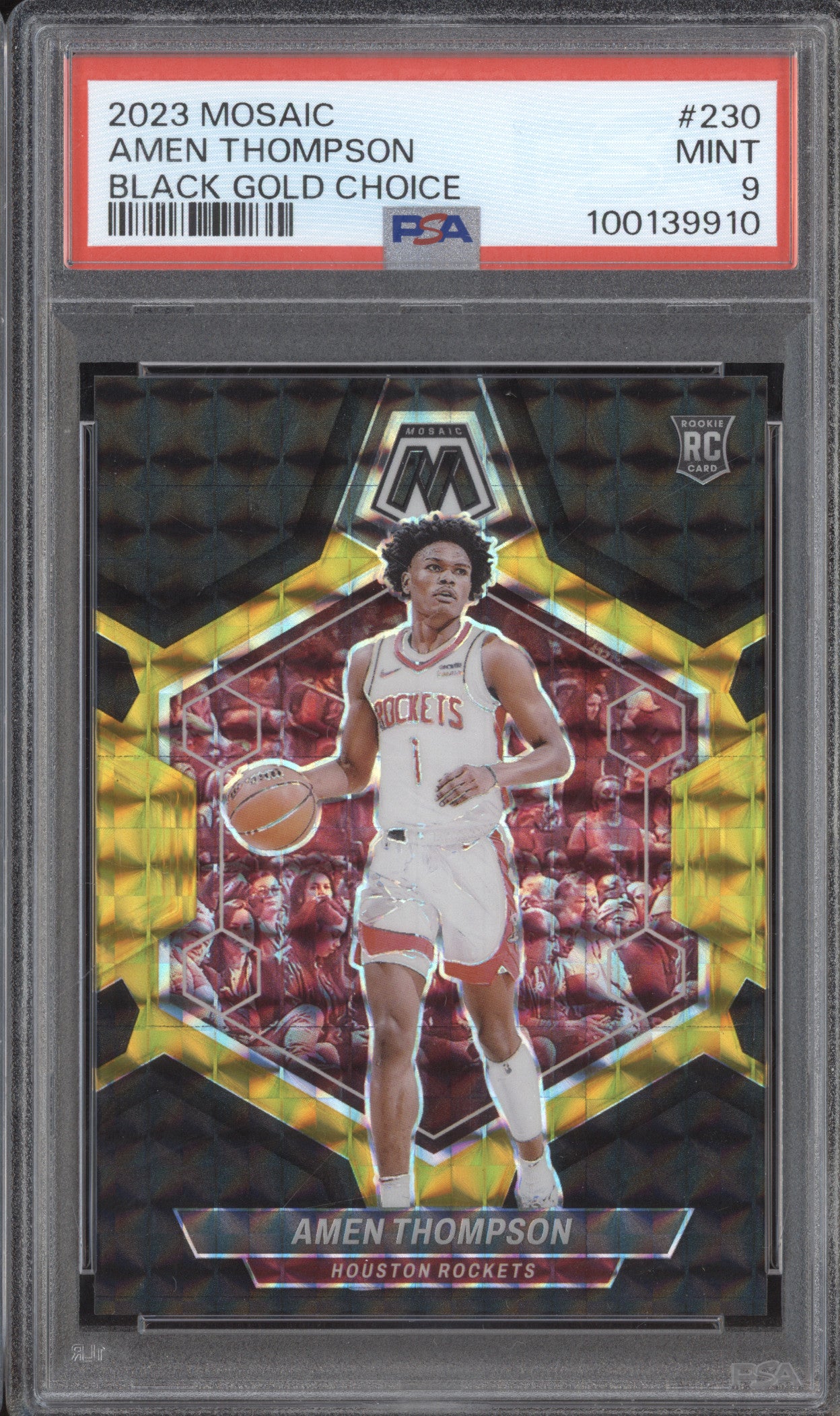 Amen Thompson 2023-24 Panini Mosaic 230 Black Gold Choice RC 4/8 PSA 9