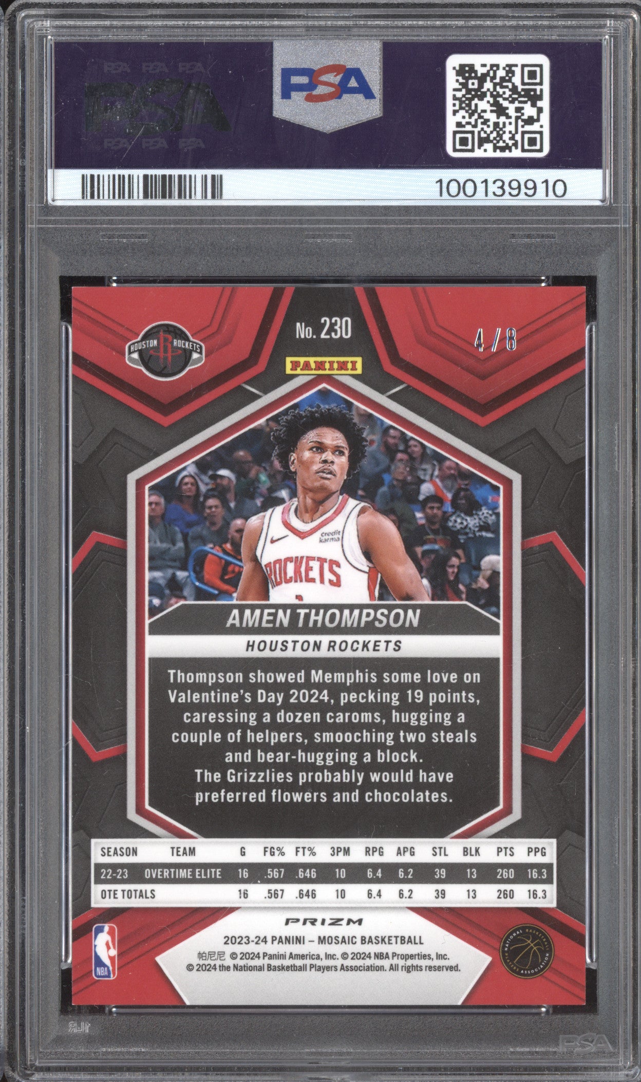 Amen Thompson 2023-24 Panini Mosaic 230 Black Gold Choice RC 4/8 PSA 9