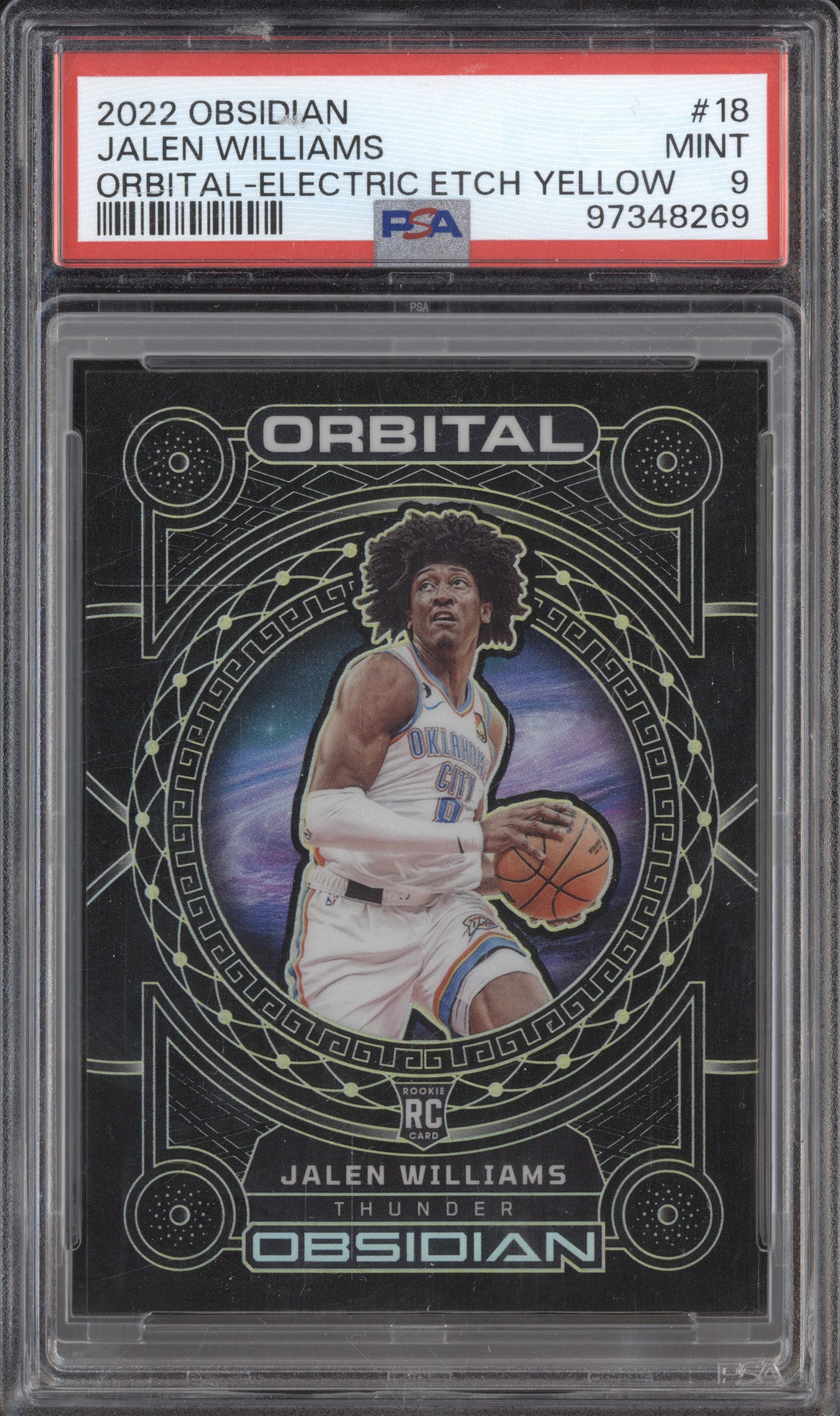 Jalen Williams 2022-23 Panini Obsidian 18 Orbital Elec Etch Yellow RC 4/10 PSA 9