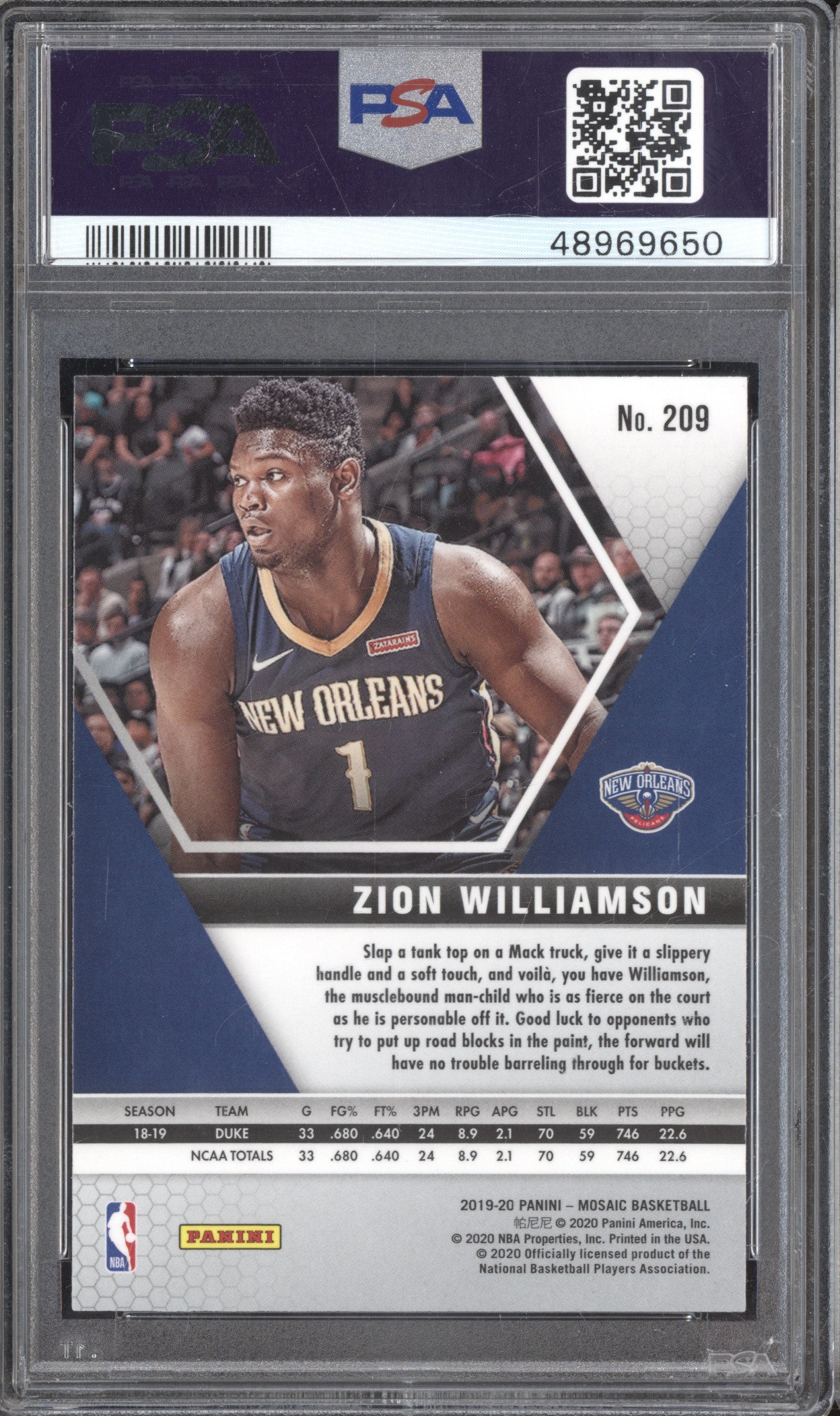 Zion Williamson 2019-20 Panini Mosaic 209 RC PSA 10
