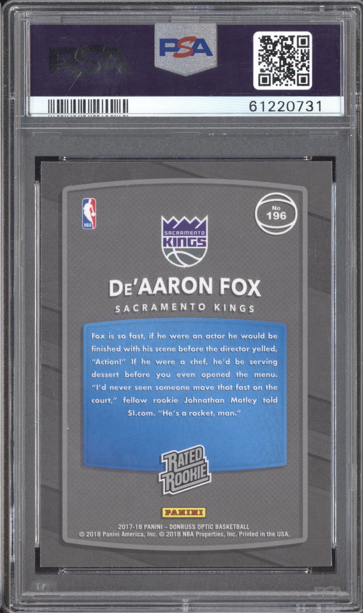 De'Aaron Fox 2017-18 Panini Donruss Optic 196 RC PSA 10