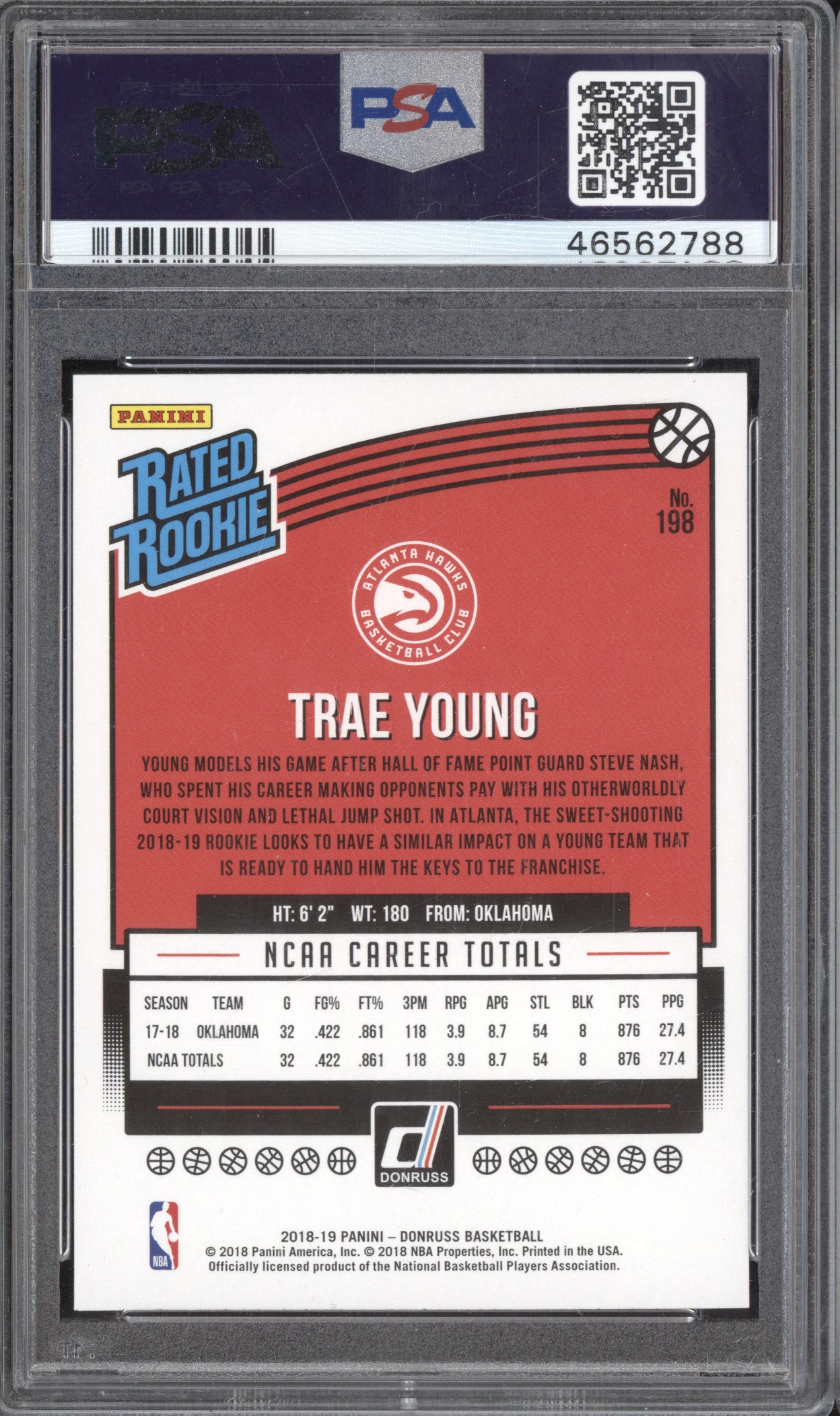 Trae Young 2018-19 Panini Donruss 198 RC PSA 10