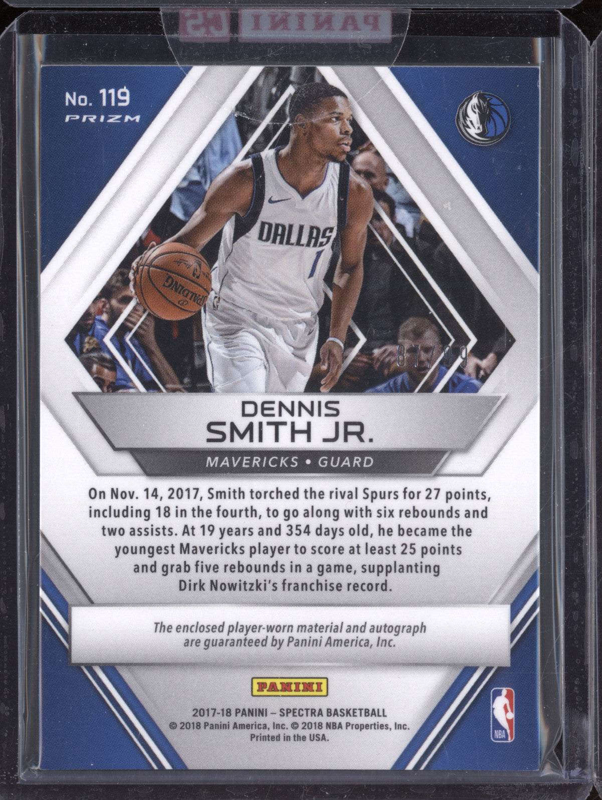 Dennis Smith Jr 2017-18 Panini Spectra 119 Rookie Jersey Auto Neon Blue RC 87/99