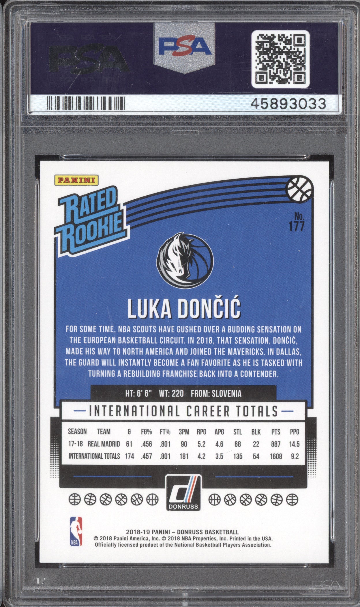 Luka Doncic 2018-19 Panini Donruss 177 RC PSA 10