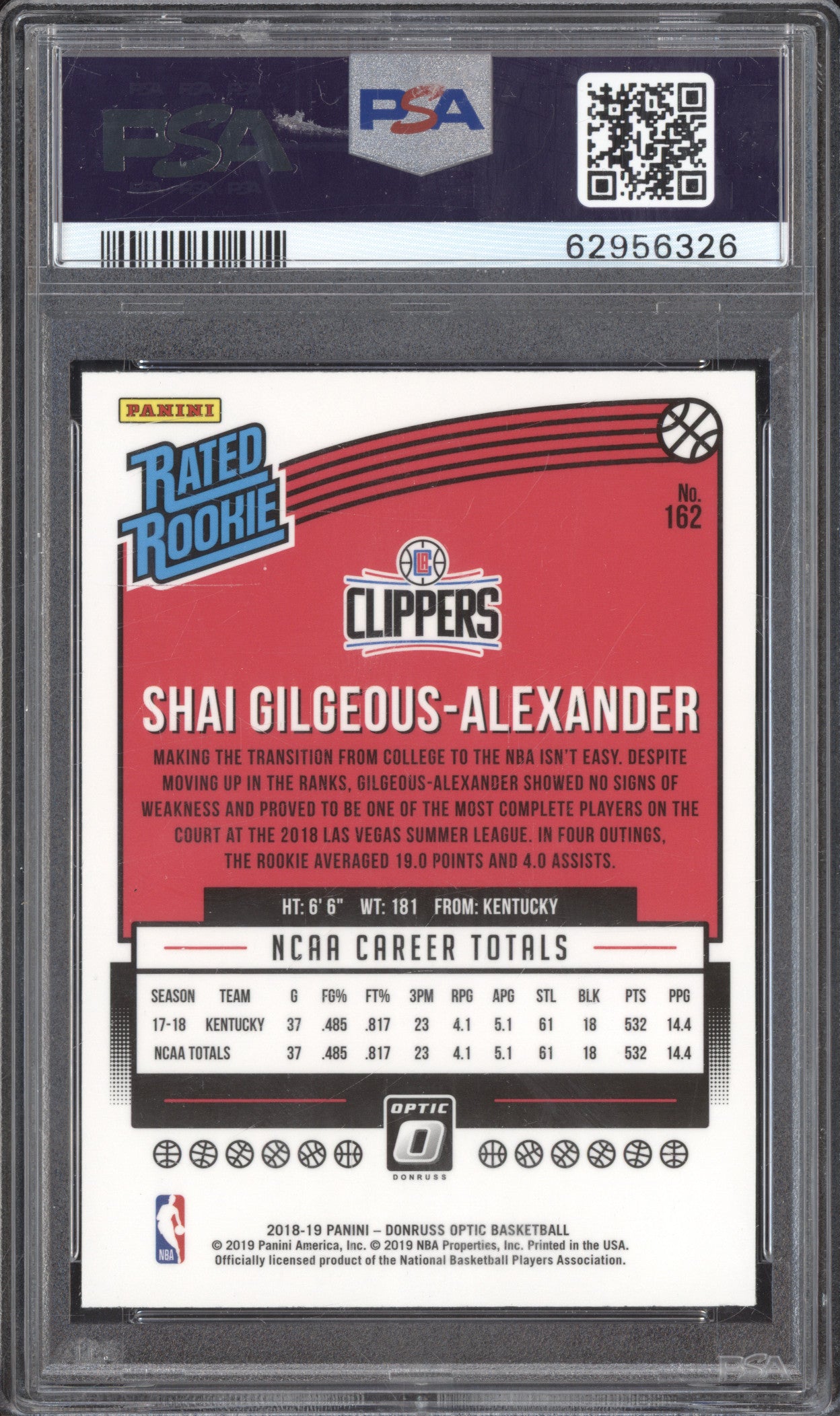 Shai Gilgeous-Alexander 2018-19 Panini Donruss Optic 162 RC PSA 10