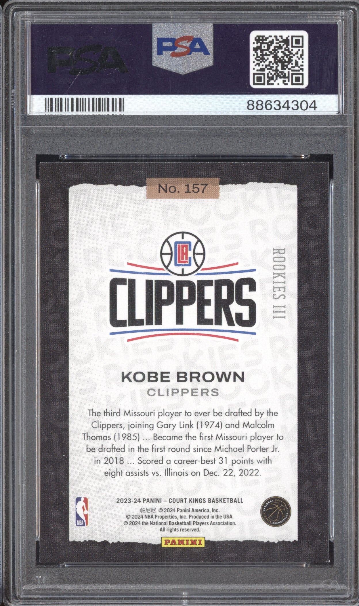 Kobe Brown 2023-24 Panini Court Kings 157 RC PSA 9